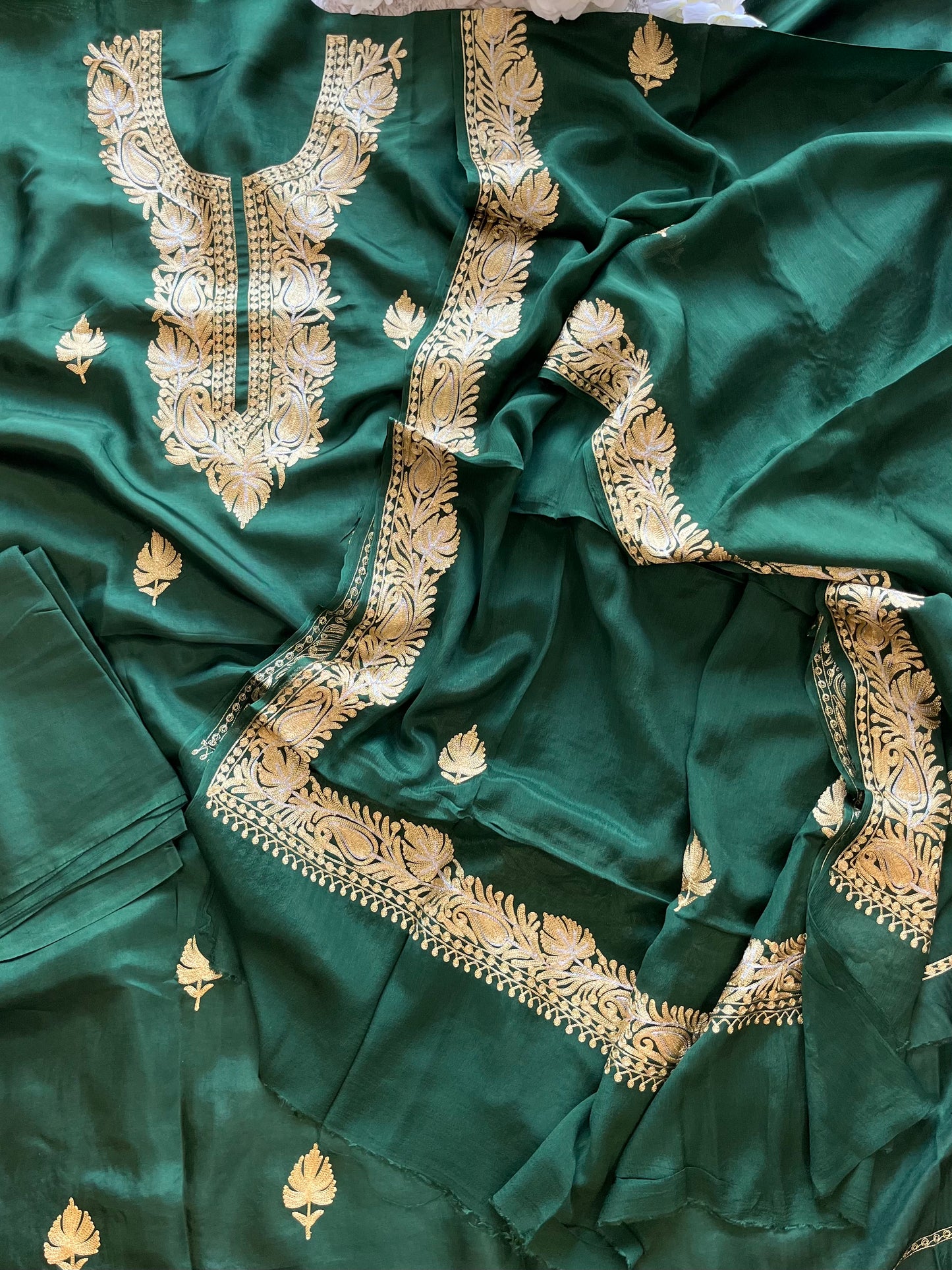 ‘Kalaa’ Forest Green Opada Silk Tilla Embroidered Suit material (on order)