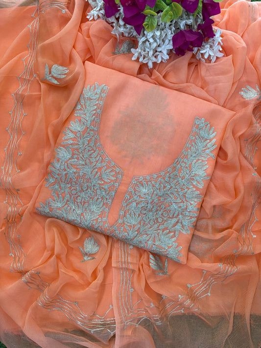 Peach Pink Silk Tilla Kashmiri Suit