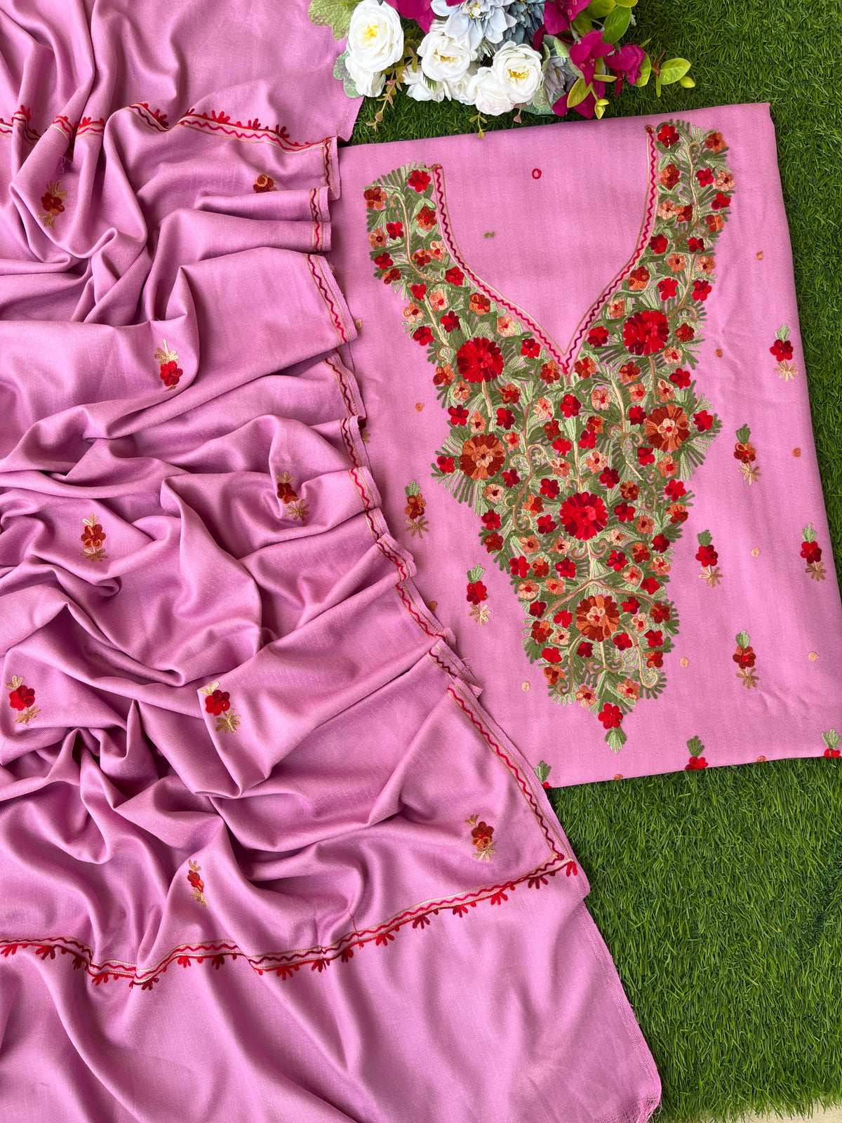 Playful Pink Woollen Aari Embroidered 3pc suit
