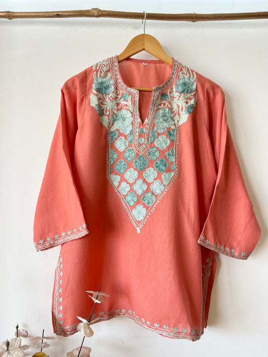 Peach Orange Cotton Aari Work Kurti