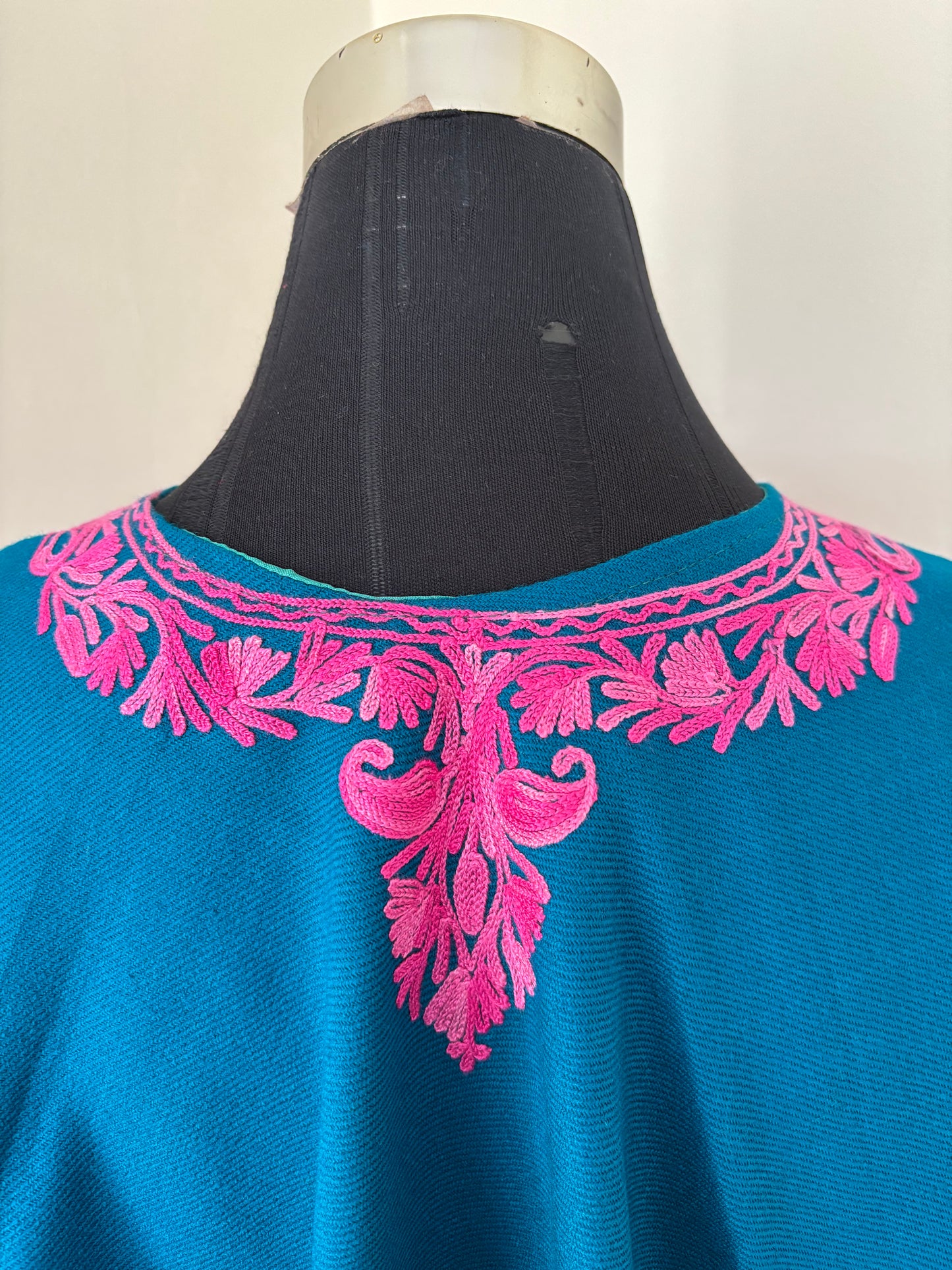 Firozi Aari Embroidered Wool Poncho