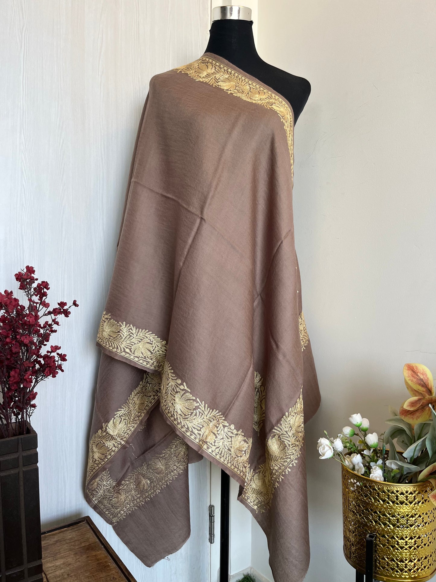 Beige Fine Semi Pashmina Tilla Embroidered stole