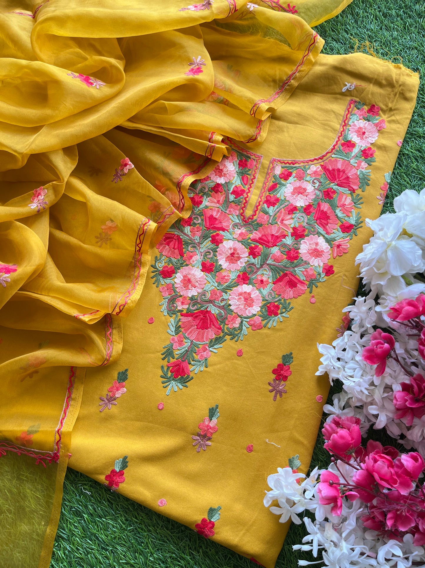 Mustard Yellow Rayon Cotton Organza Dupatta Aari Embroidered 3pc set