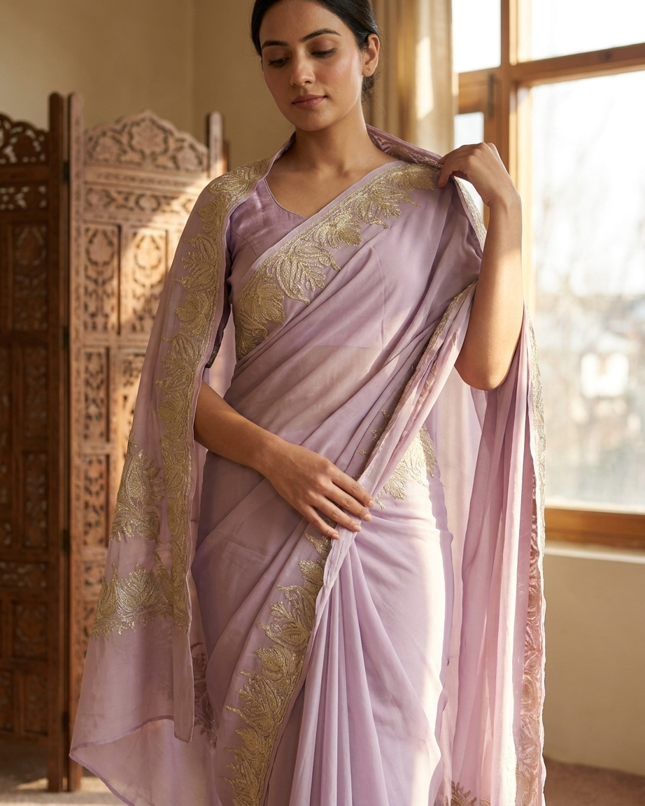 Soft Purple Crape Kashmiri Tilla Saree