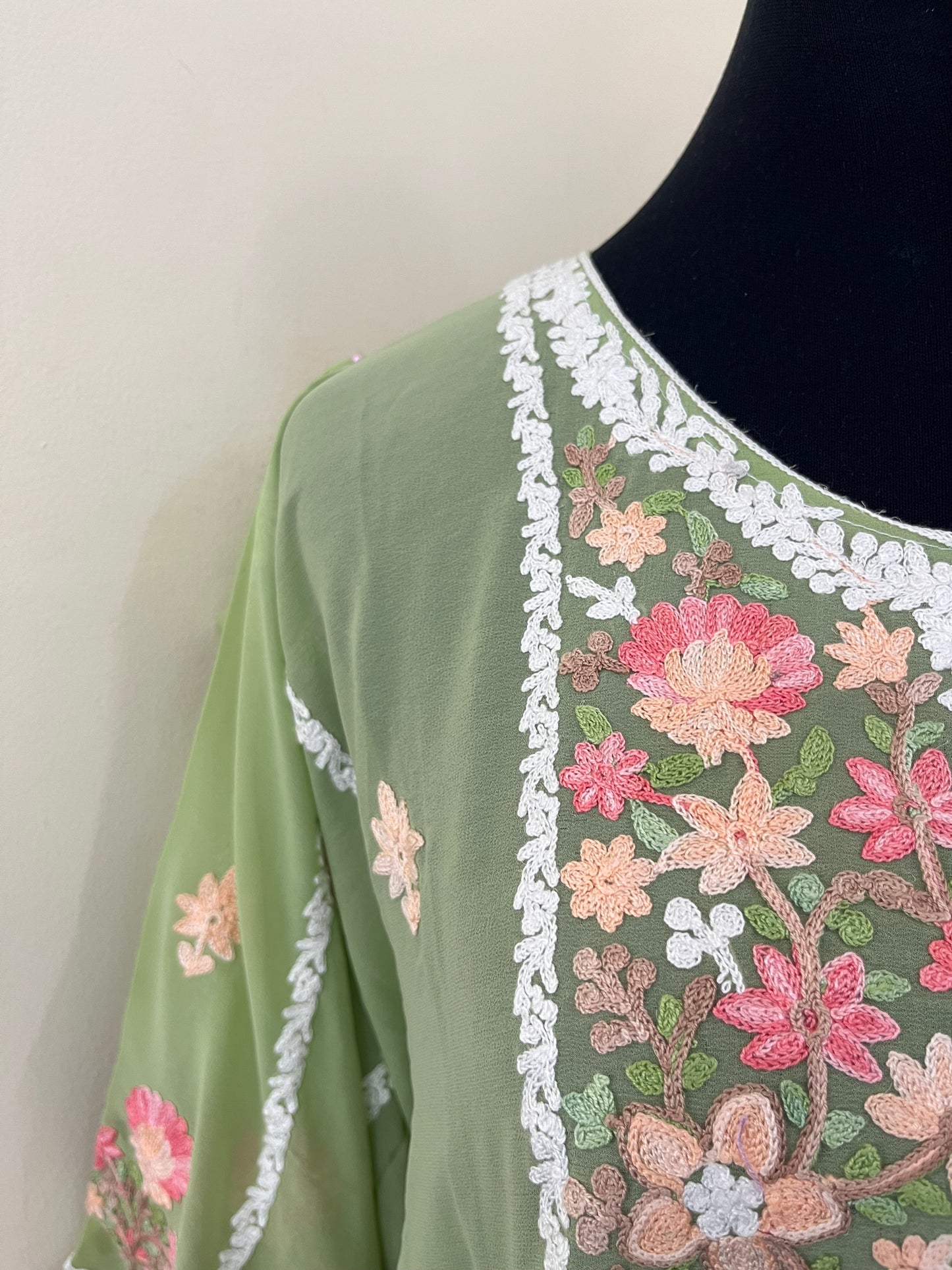 Tea Green Georgette All over Work Aari Embroidered Unstitched Kurta