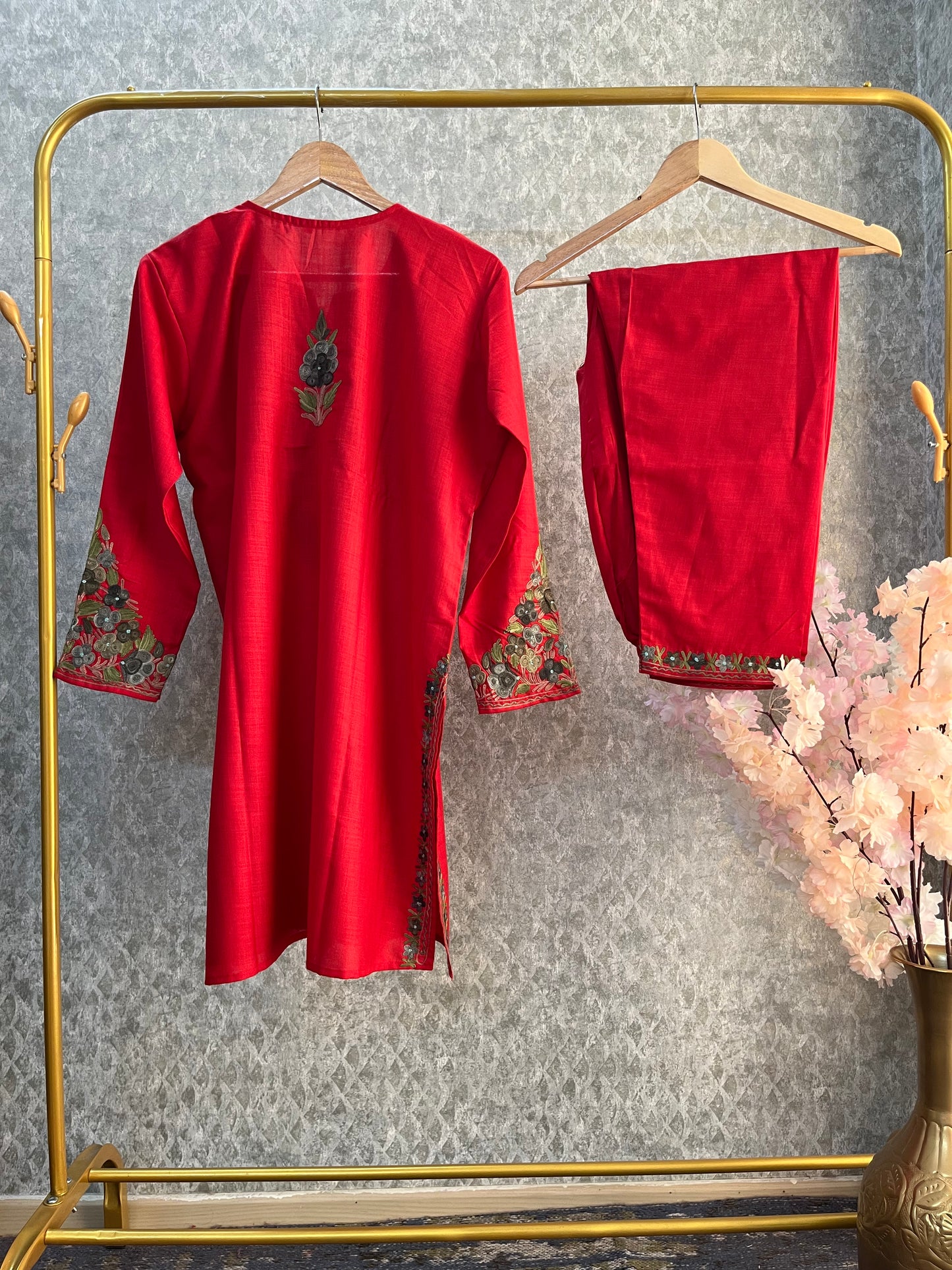 Red Cotton Stitched Co-ord Set (44)