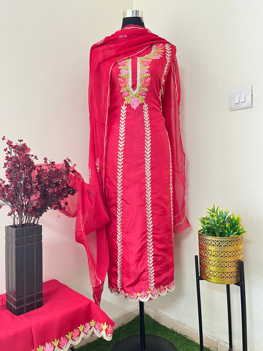 ‘Sanam’ Hot Pink Silk Aari Embroidered Suit material