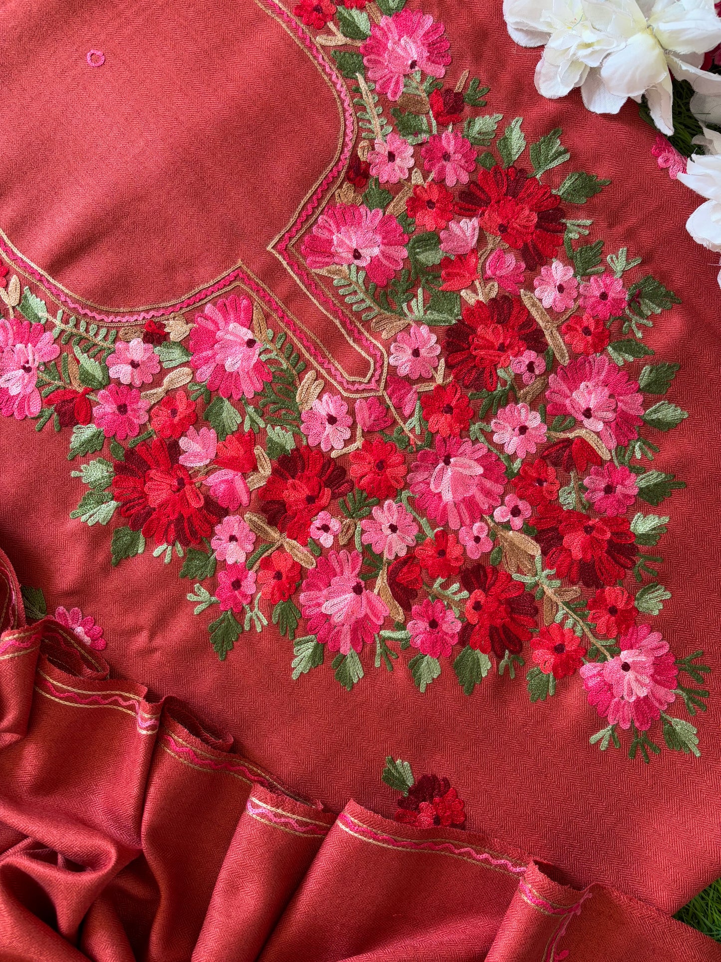 Carrot Red Woollen Aari Embroidered 3pc suit