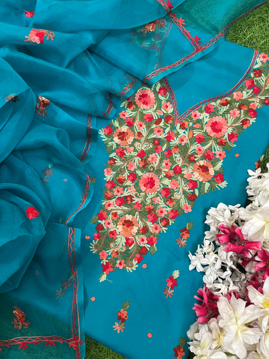 Peacock Blue  Cotton Organza Dupatta Kashmiri 3pc set