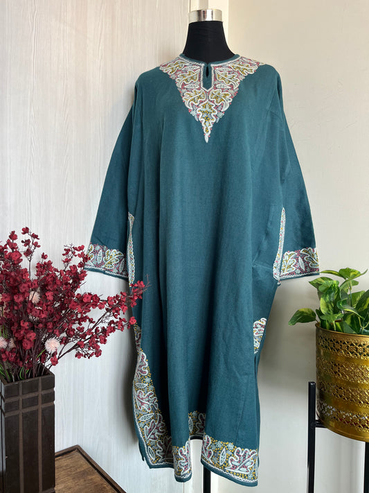 English Blue Aari and Sozni Hand Embroidered Pure Wool Pheran