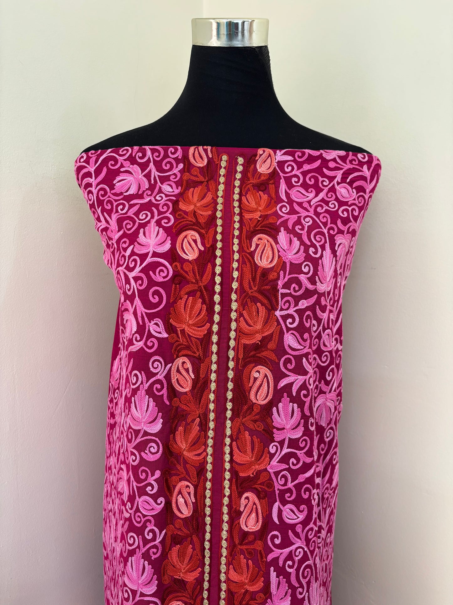 Cotton Hot Pink  Aari Embroidered Kurta Pant Set