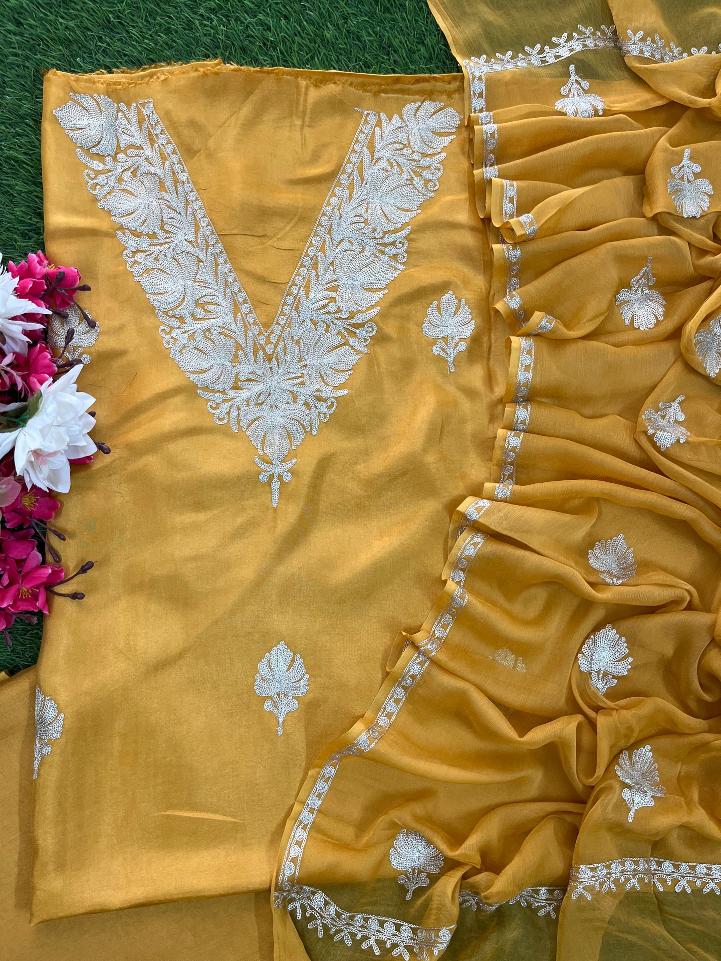 Golden Yellow Silk Tilla Kashmiri Suit