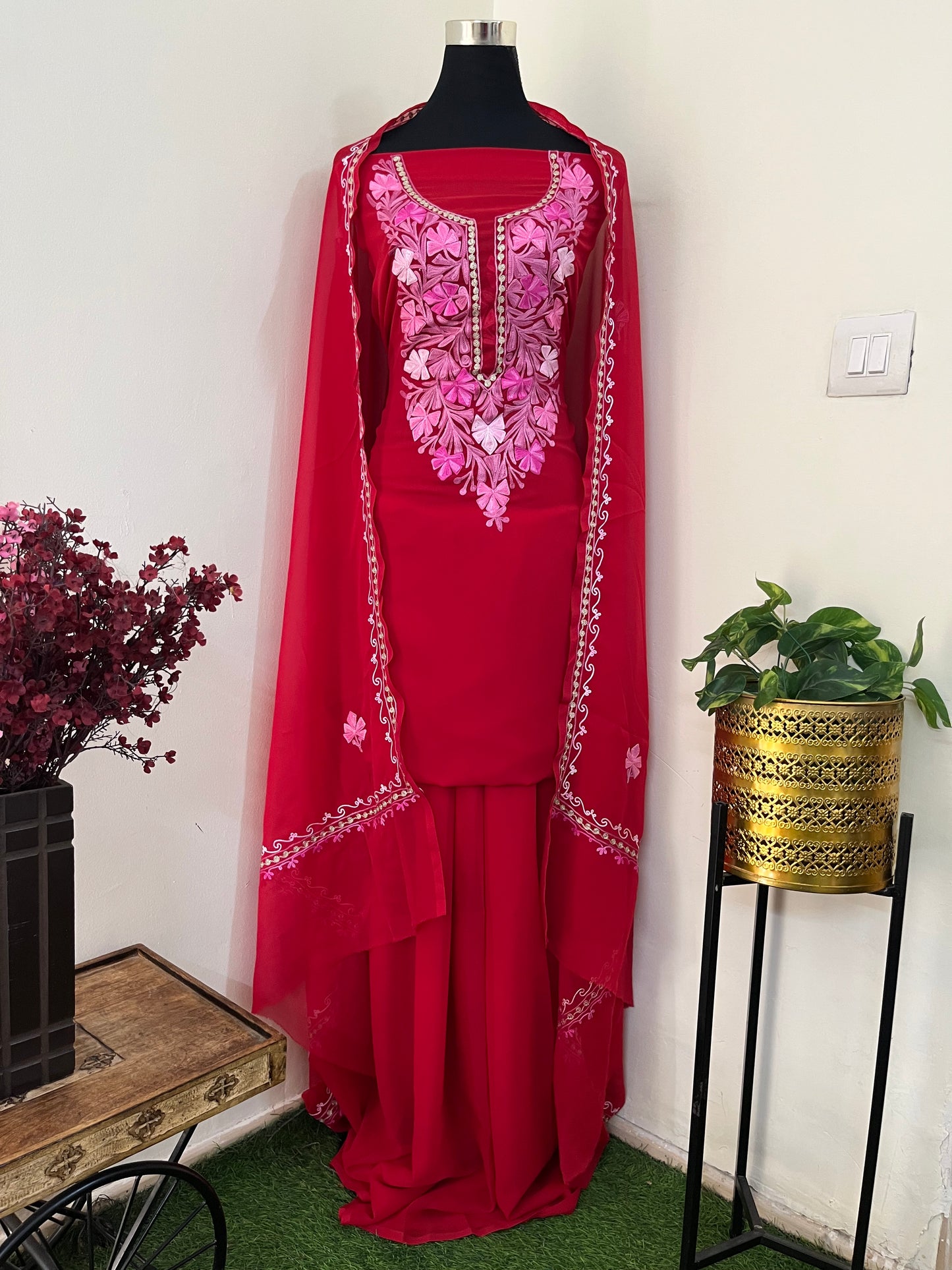 Red Georgette 3 Pc Aari Embroidered Suit Set