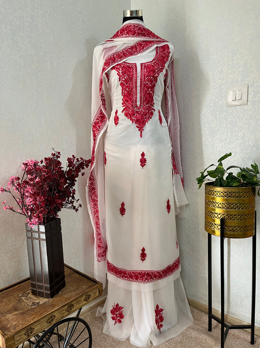 Off white  Georgette 3pc Kashmiri Suit