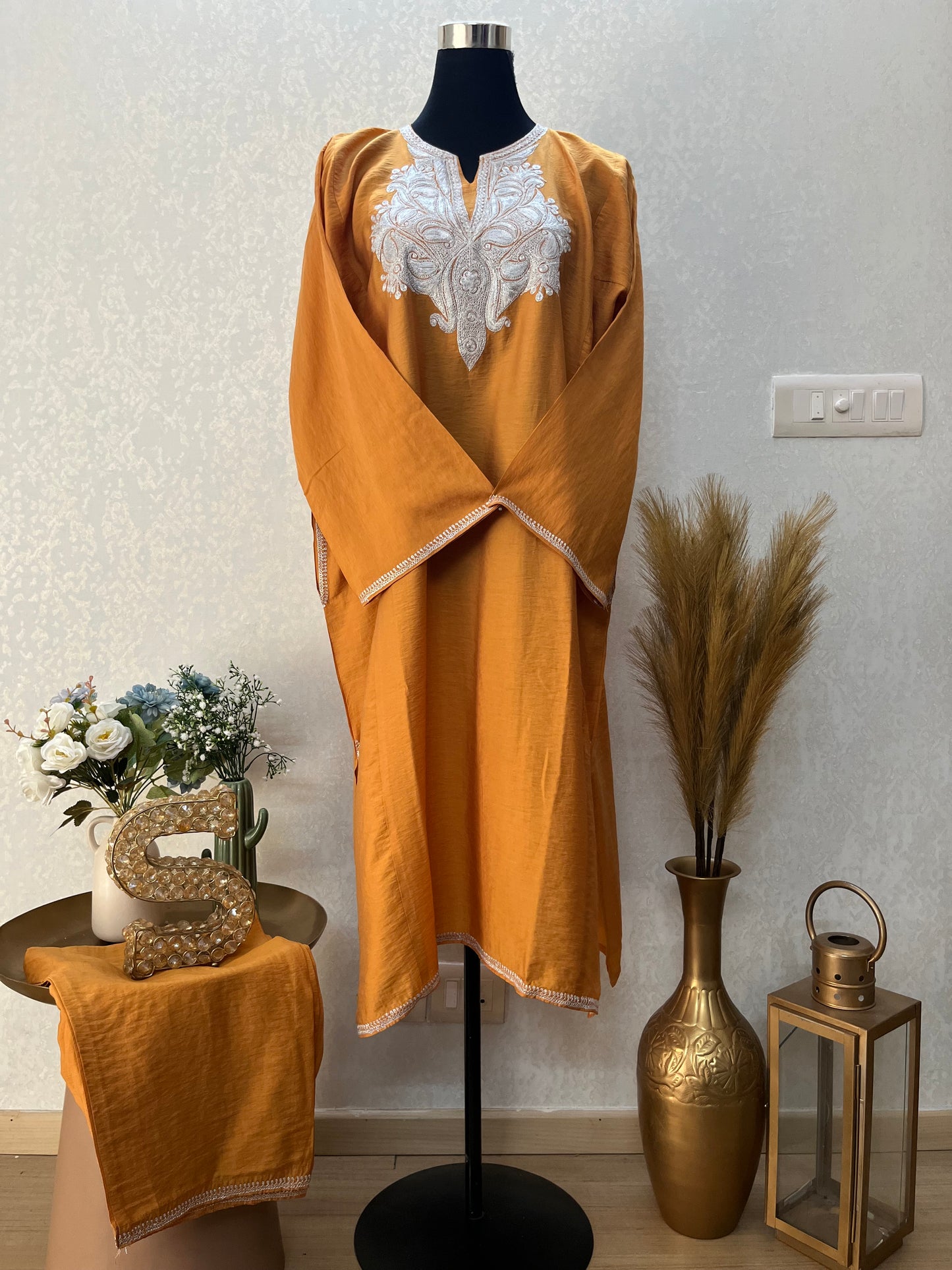 Mustard Cotton Kashmiri Pheran Set (46)