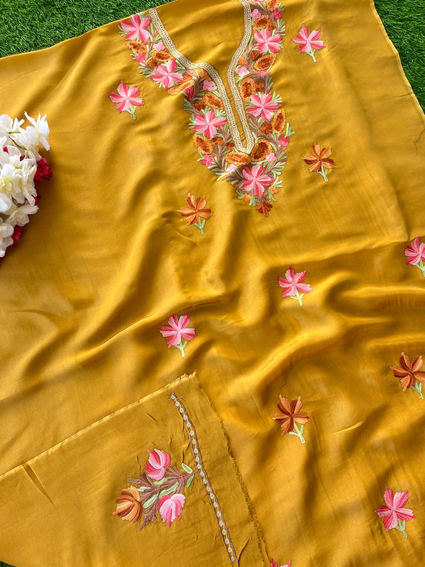 Mustard Opada Silk Aari Embroidered Suit material