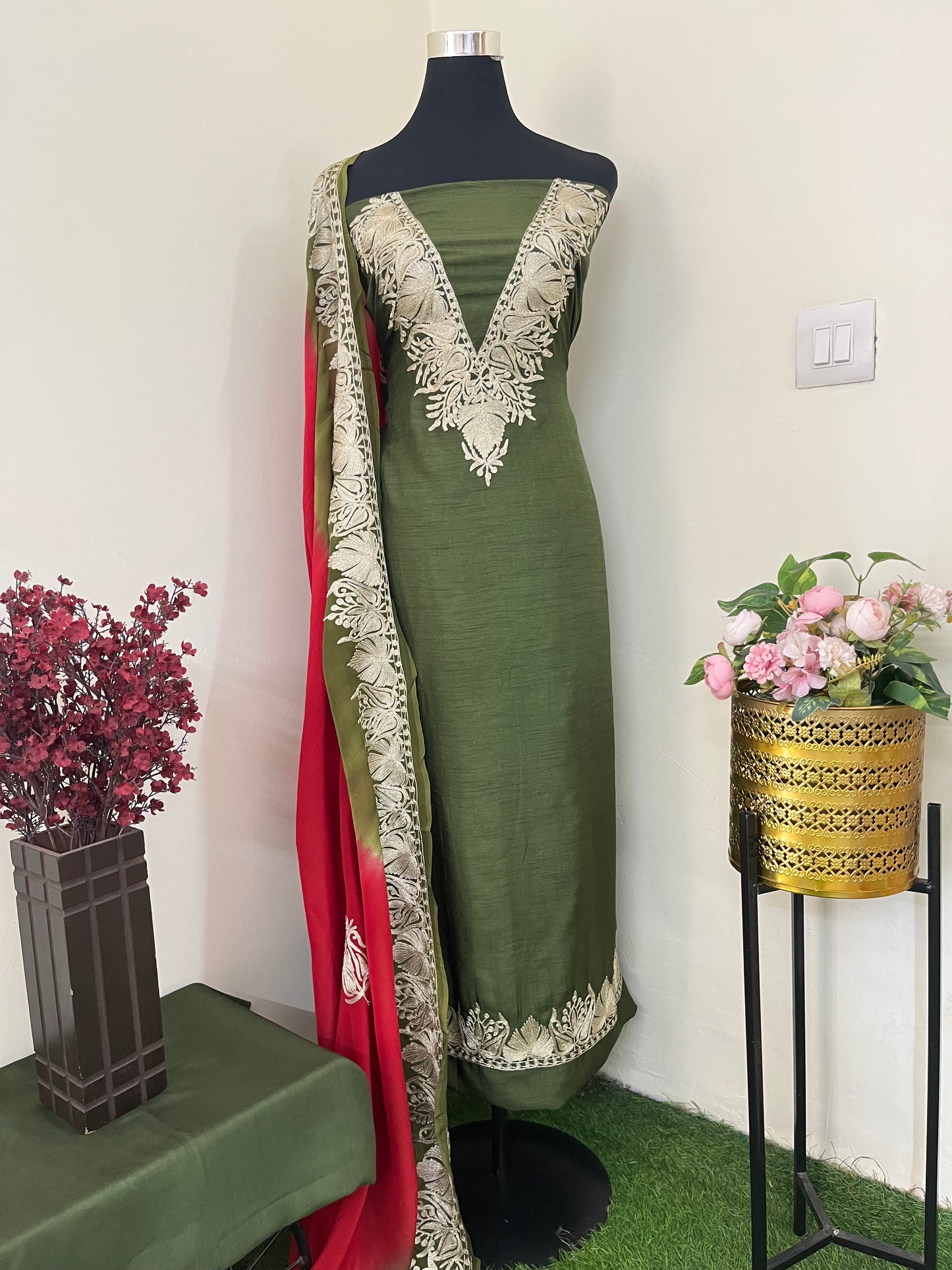 Sanam Army Green Silk Kashmiri Suit