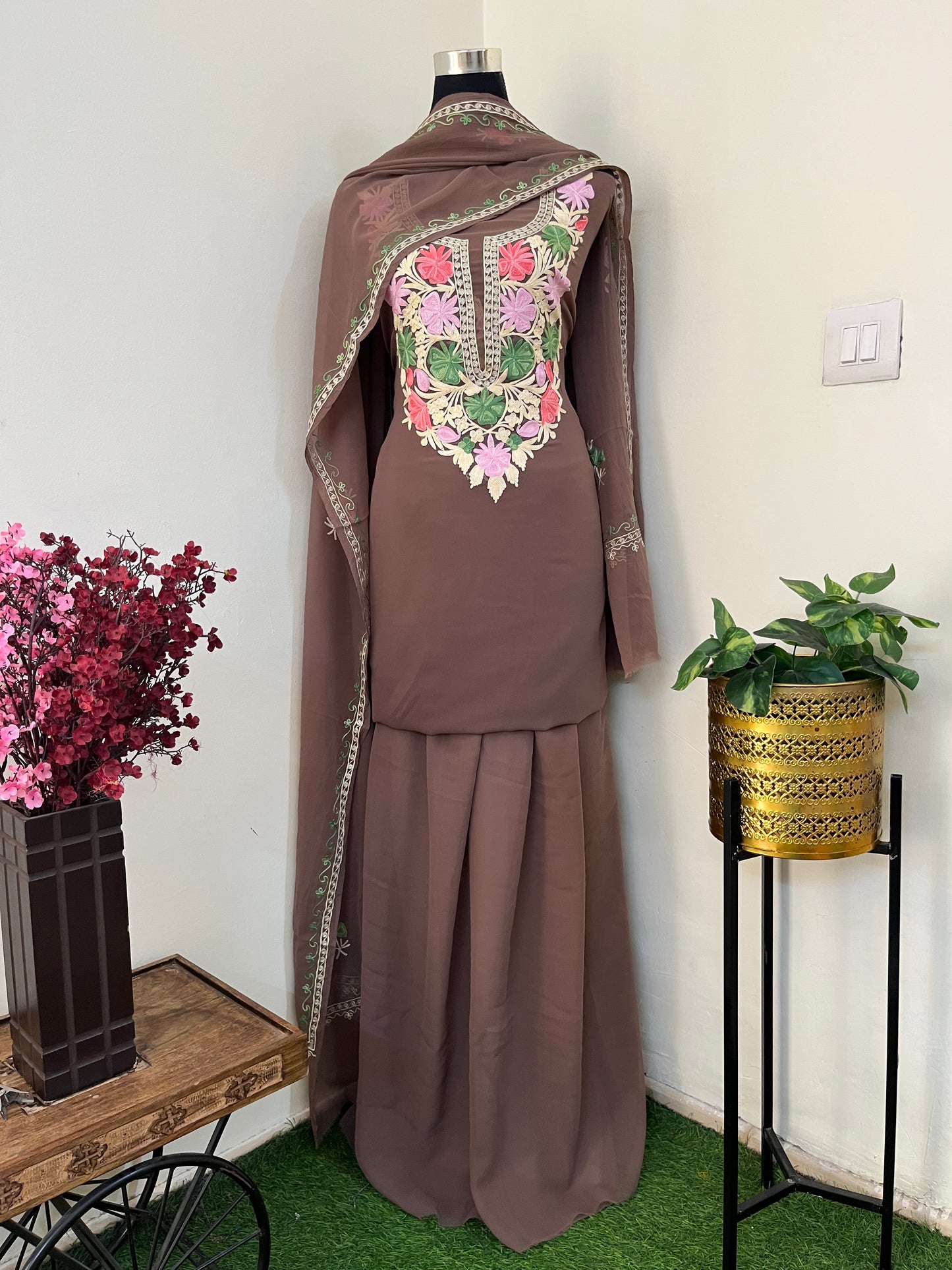 Coffee Brown Georgette 3 Pc Aari Embroidered Suit Set