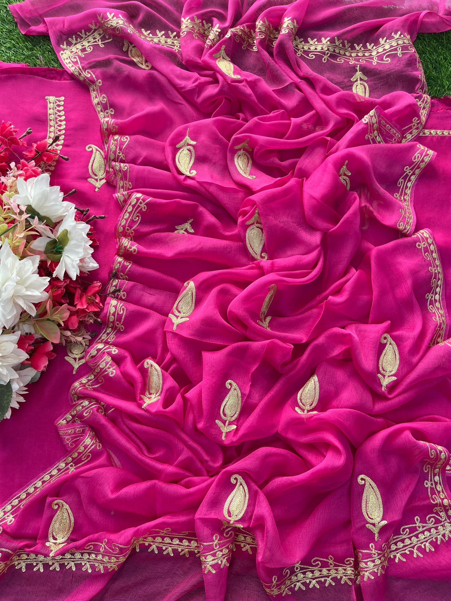 Hot Pink Silk Tilla Kashmiri Suit