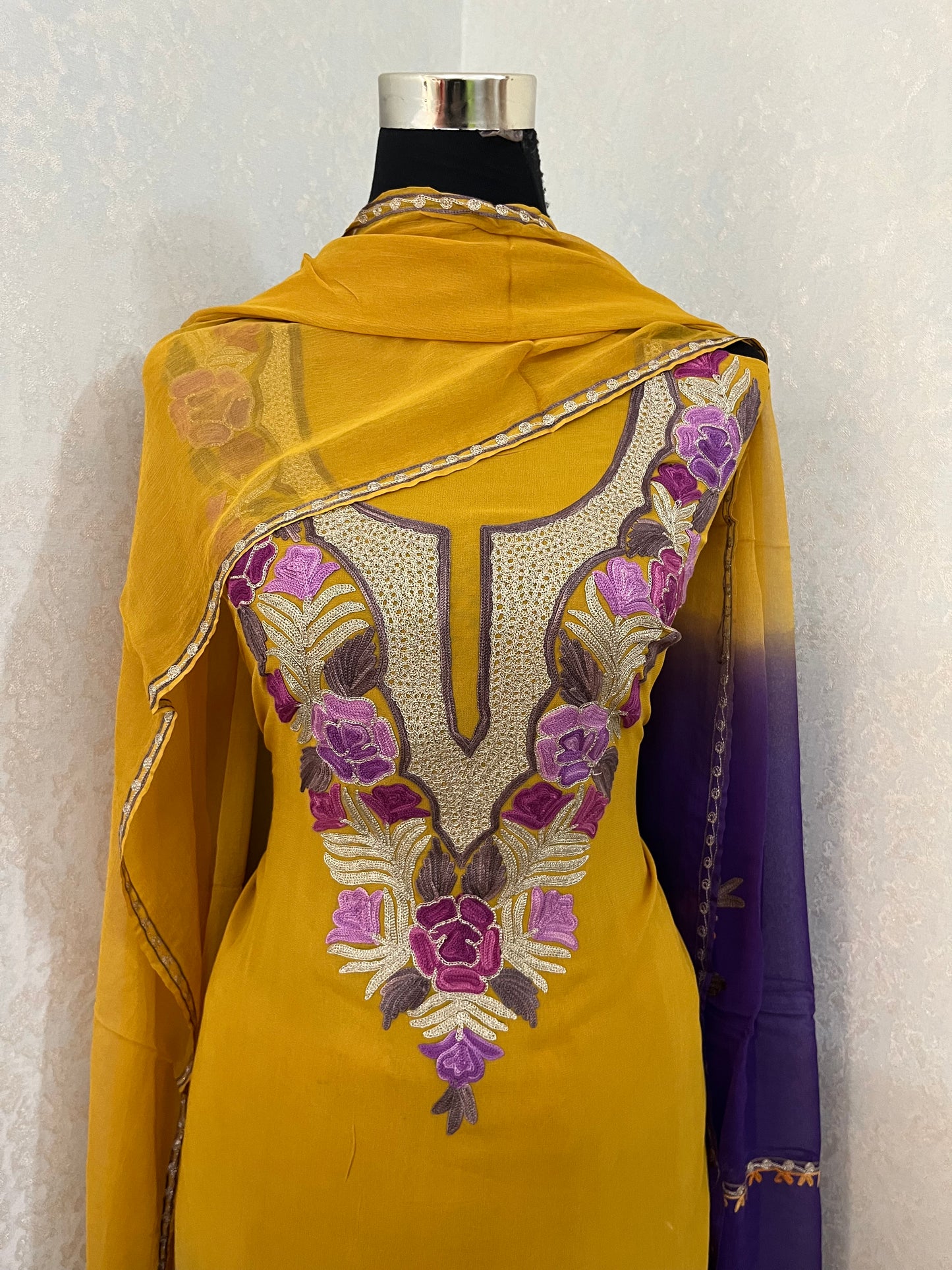 Yellow Pure Georgette Double Shade Kashmiri Suit