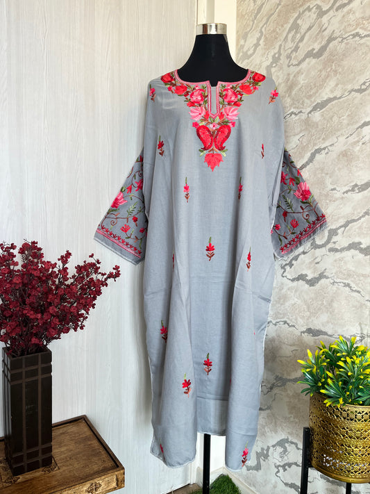 ‘Bageecha’ Blu Grey Cotton Semi Stitched Cream Aari Work Kurti