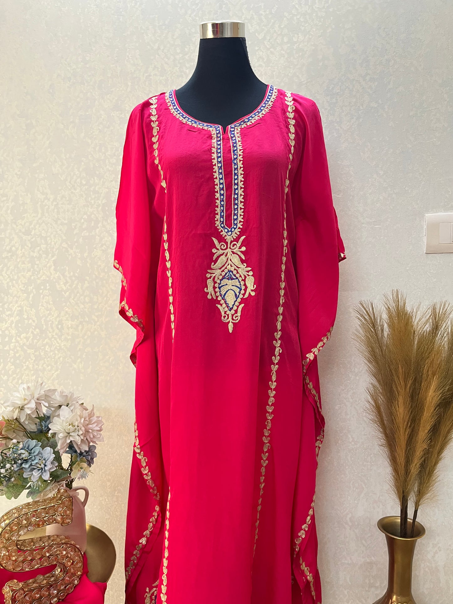 Hot Pink Crape Front Back Kashmiri Kaftan Set
