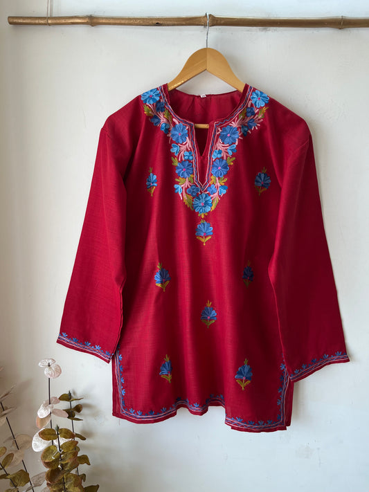 Maroon Cotton Aari Work Kurti