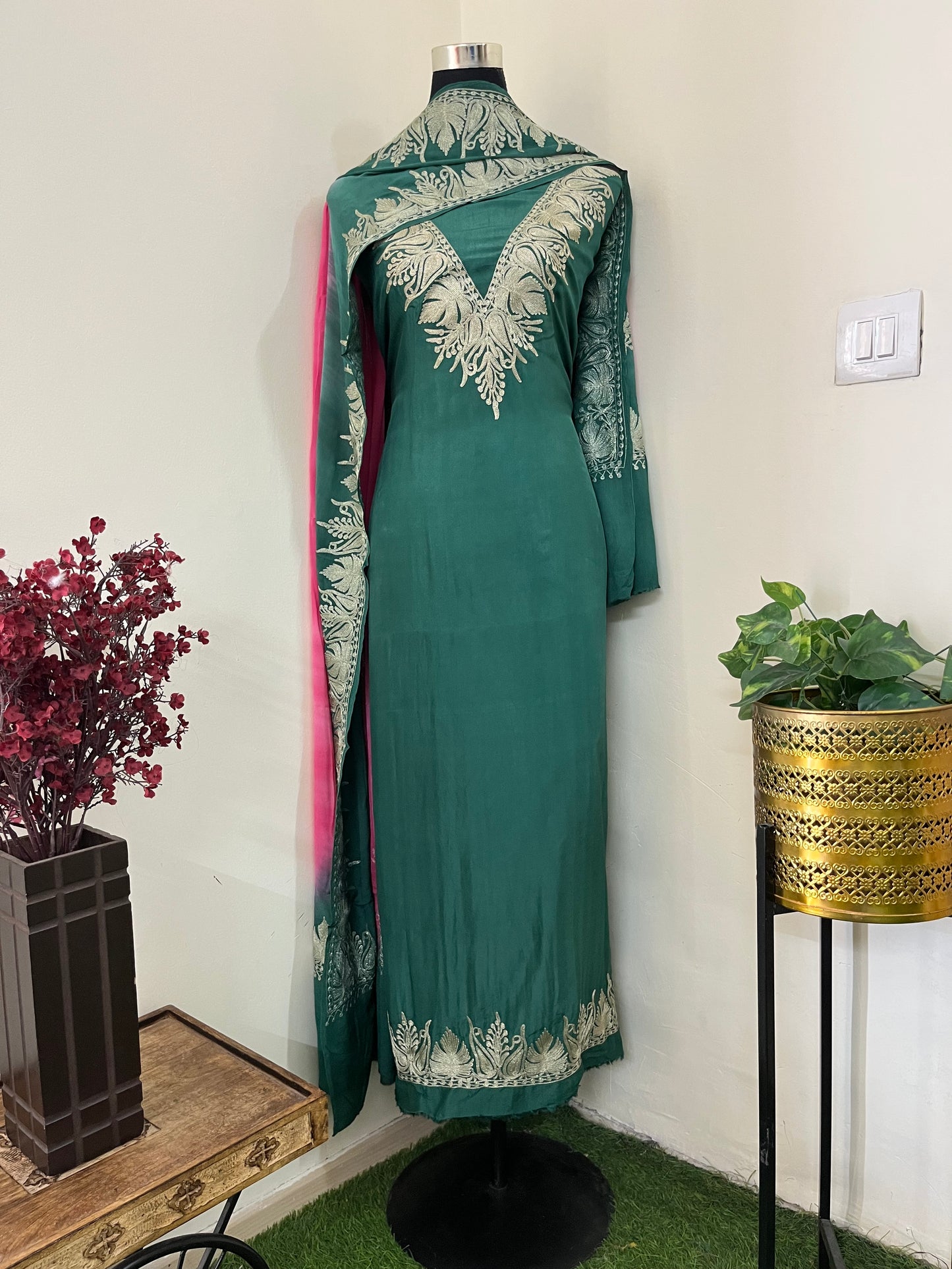 Sanam Green Silk Kashmiri Suit