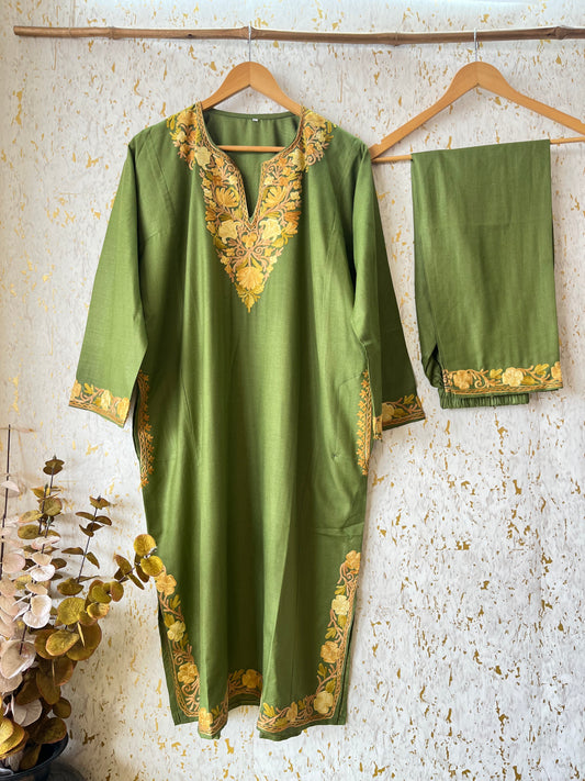 Moss Green Cotton Pheran Set (Free Size)