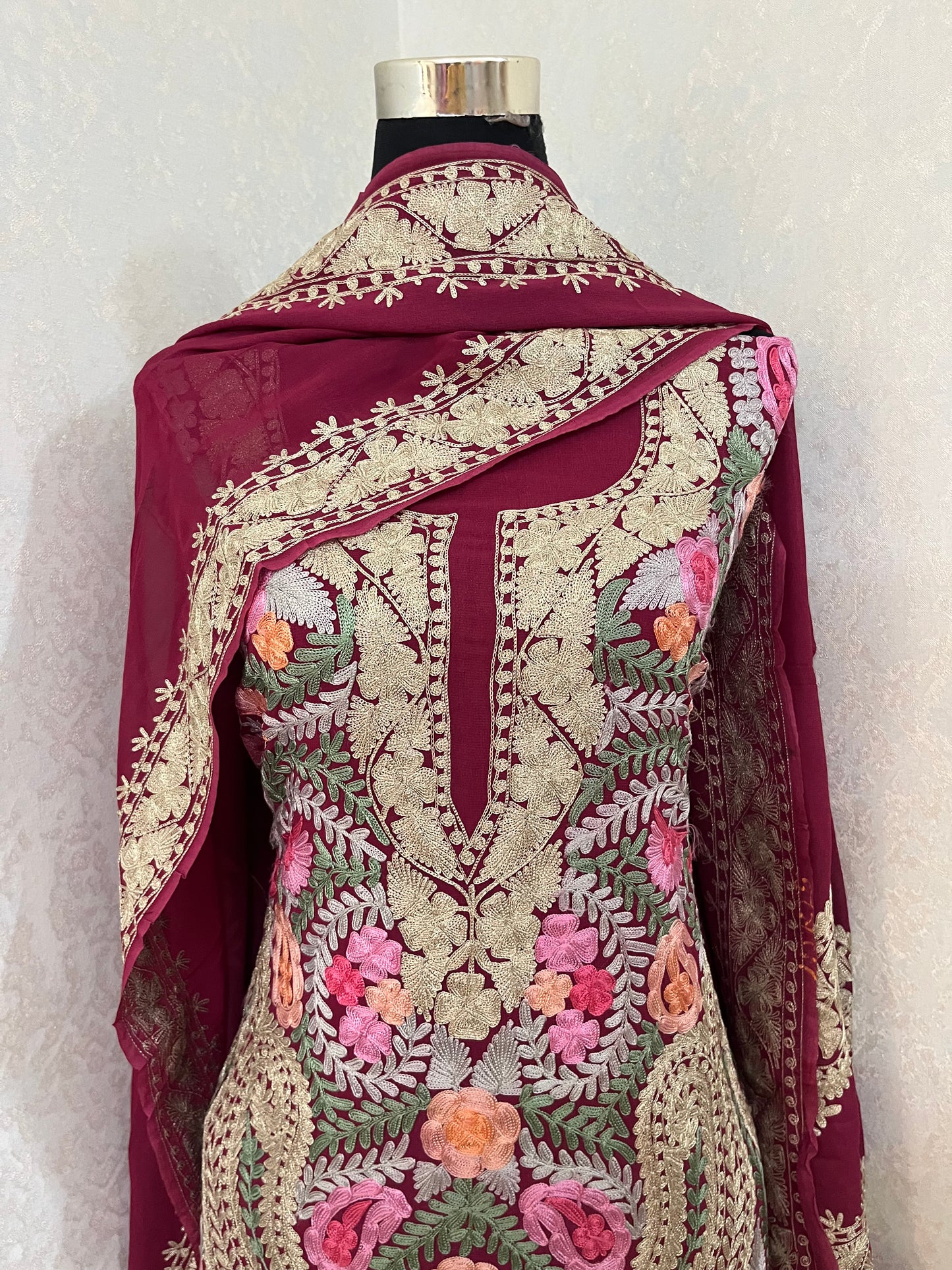 Wine Georgette 3 Pc Aari Embroidered Suit