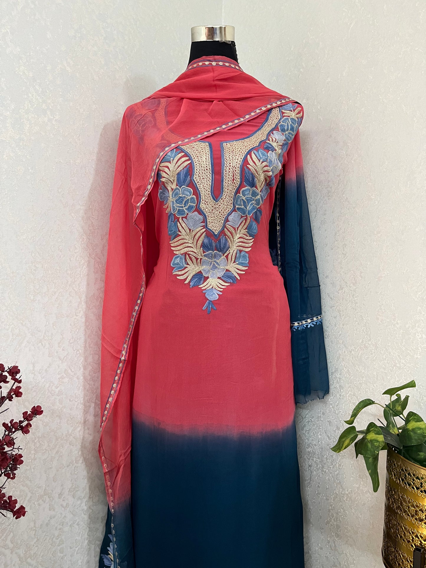 Carrot Pink Pure Georgette Double Shade Kashmiri Suit