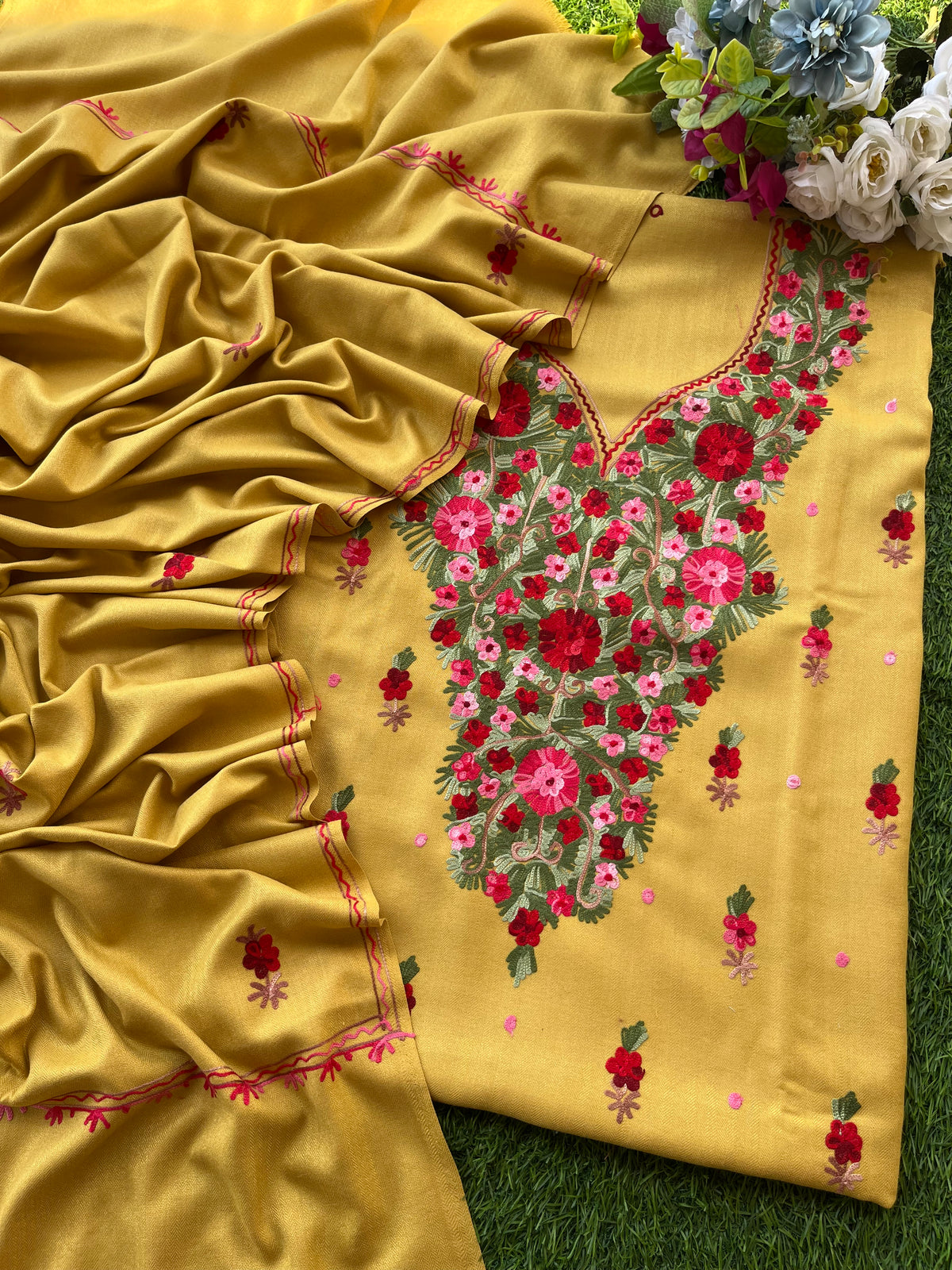 Yellow Woollen Aari Embroidered 3pc suit