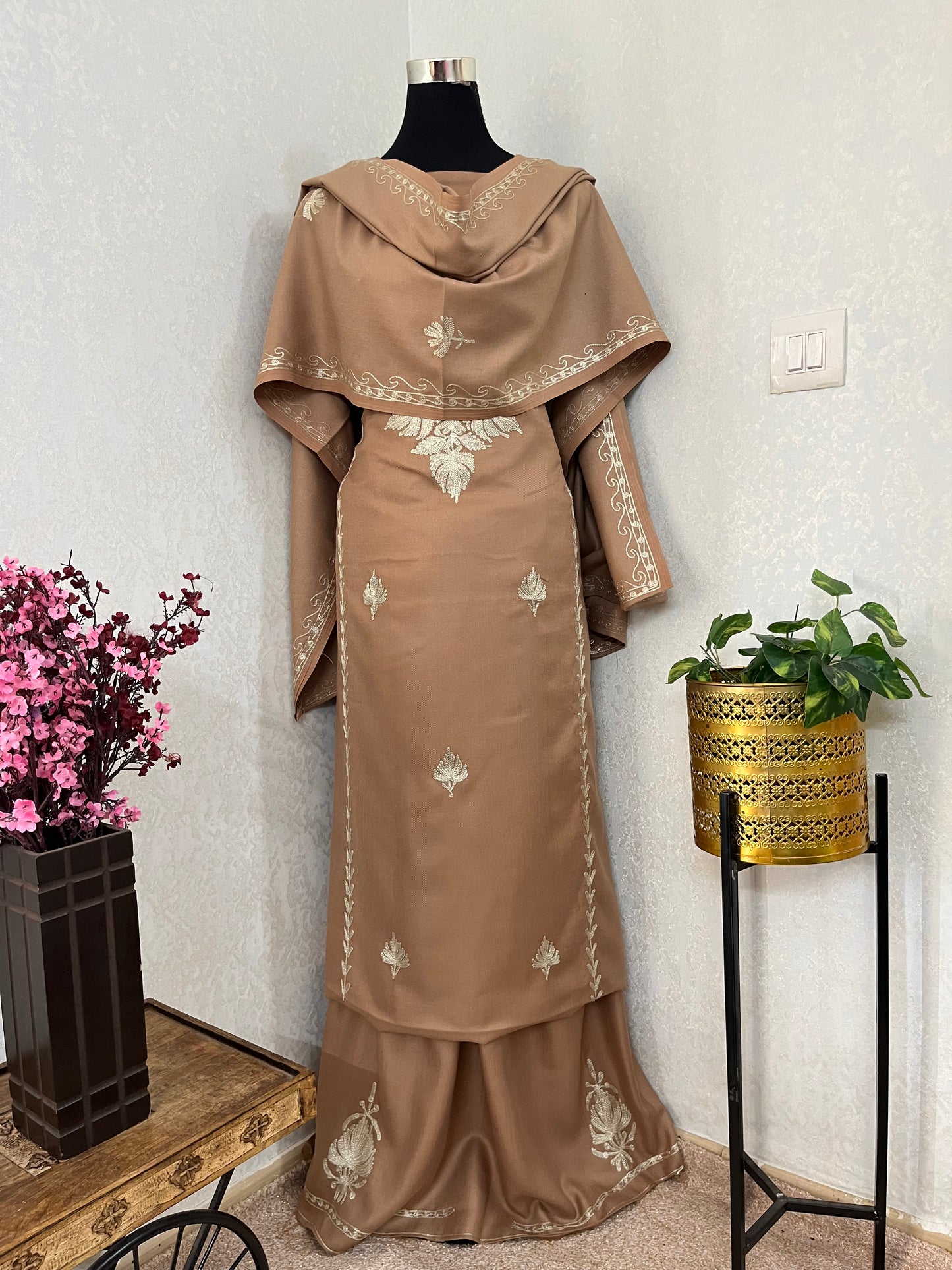 Beige Tilla Embroidered 3pc Suit Stole
