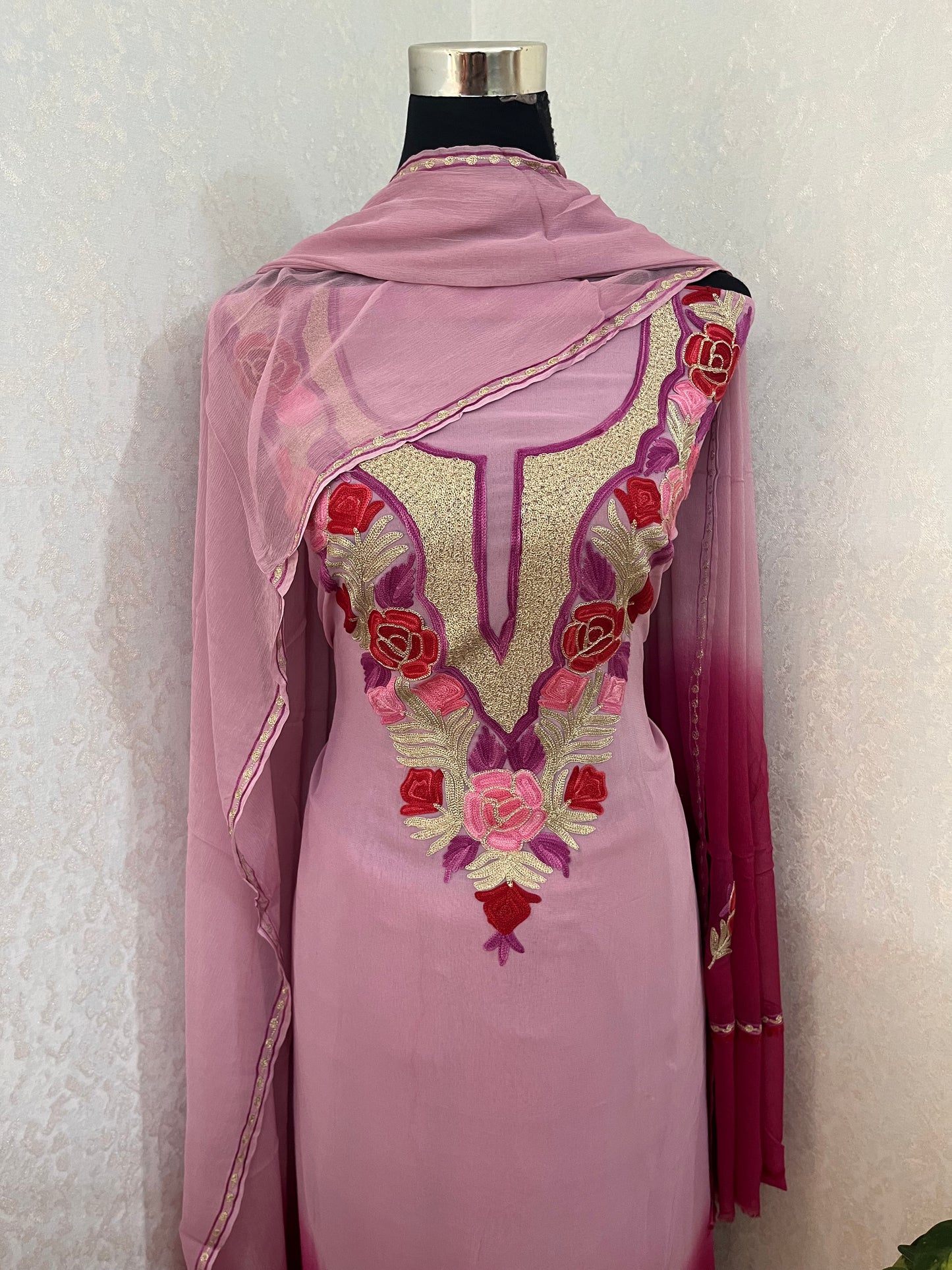 Baby Pink Pure Georgette Double Shade Kashmiri Suit