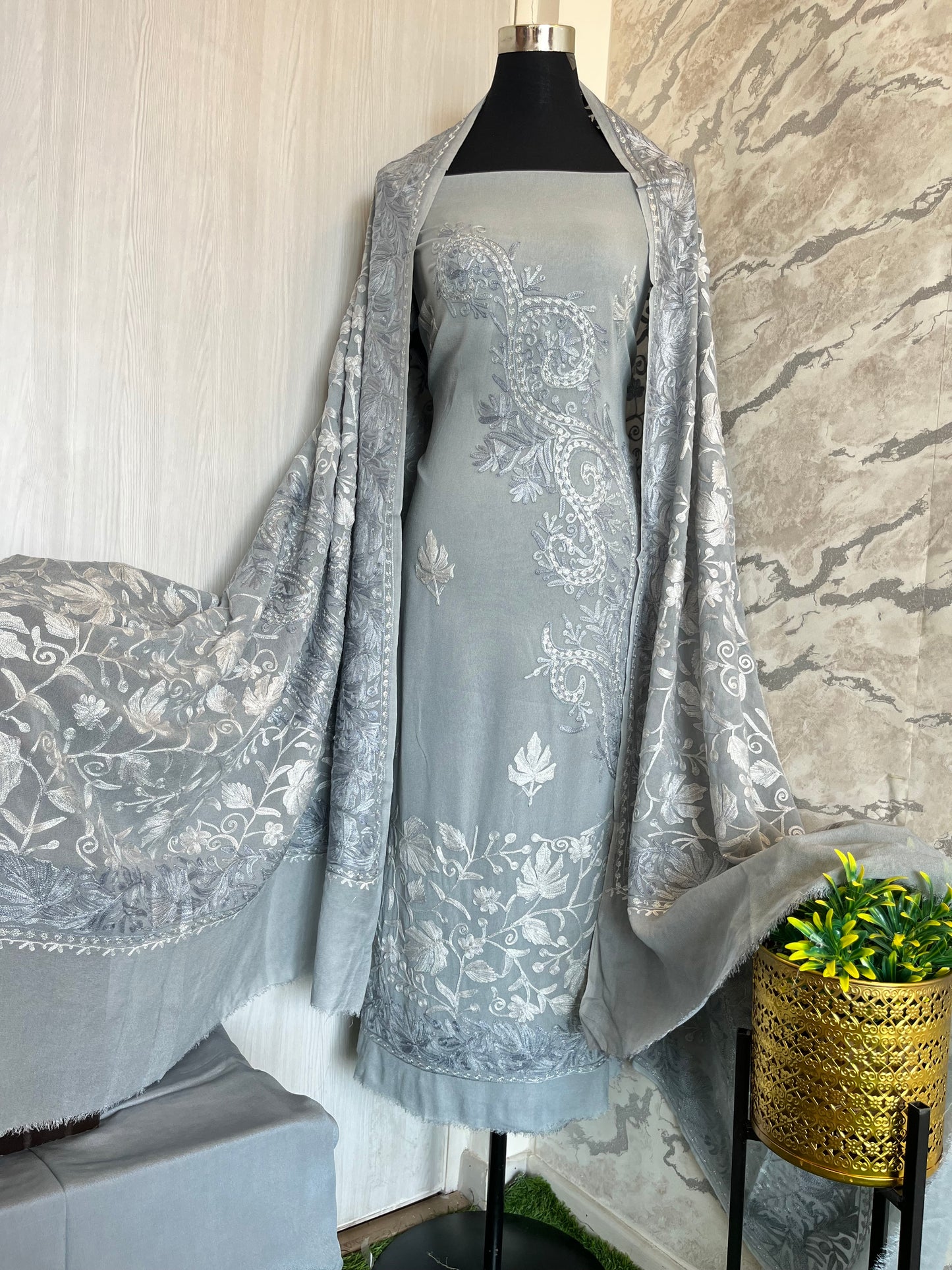 Grey Pure Georgette Aari Embroidered Suit