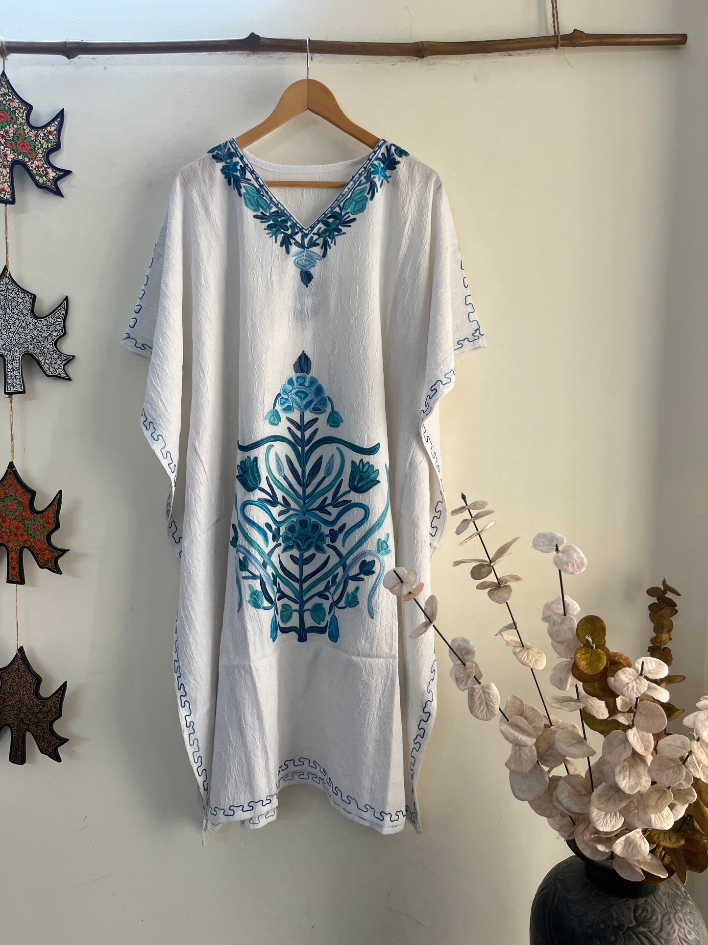 Crush Cotton White Aari embroidered Kaftan