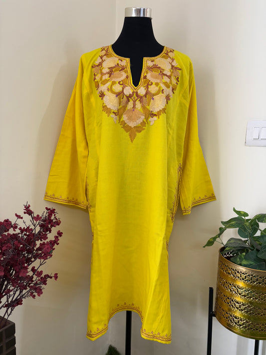 Yellow Aari Embroidered Wool Pheran