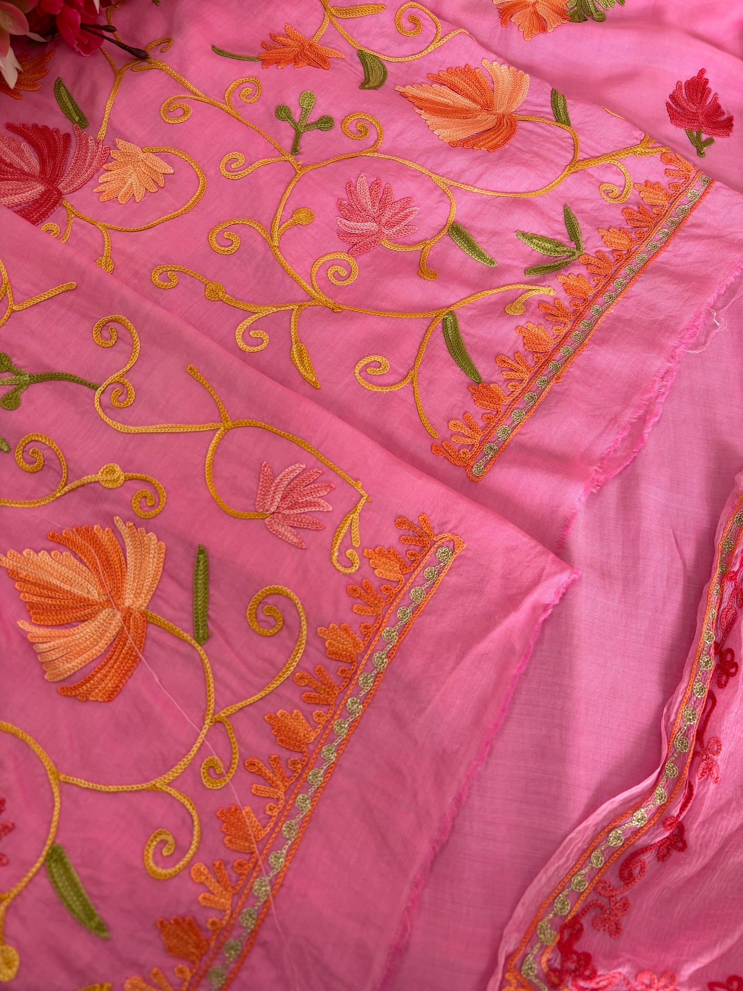 Soft Pink Muslin Cotton Jaal Sleeves Kashmiri 3pc Suit