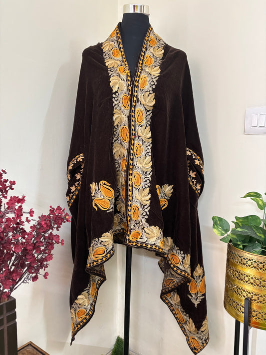 Brown Aari Embroidered Velvet Cape