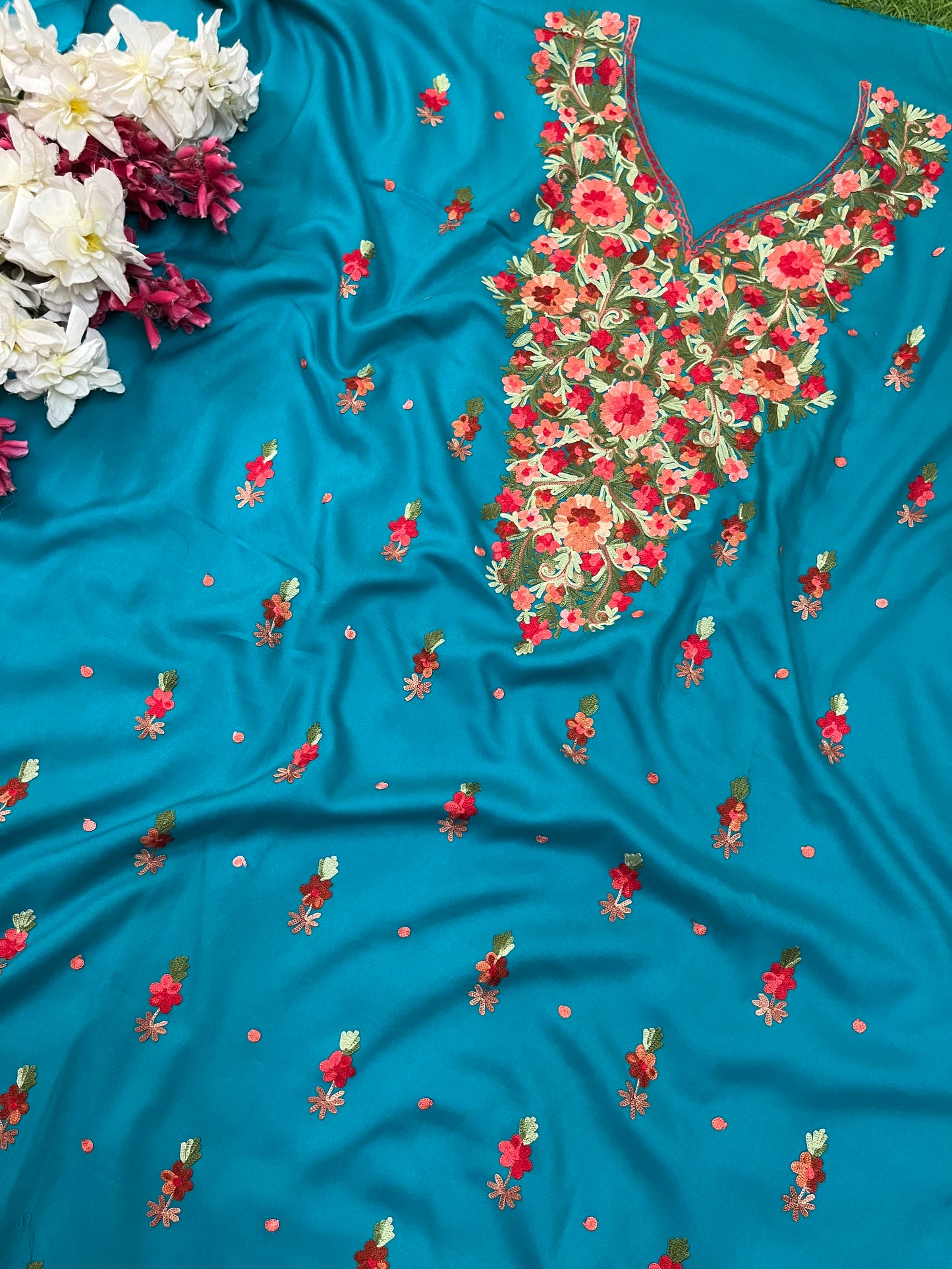Peacock Blue  Cotton Organza Dupatta Kashmiri 3pc set