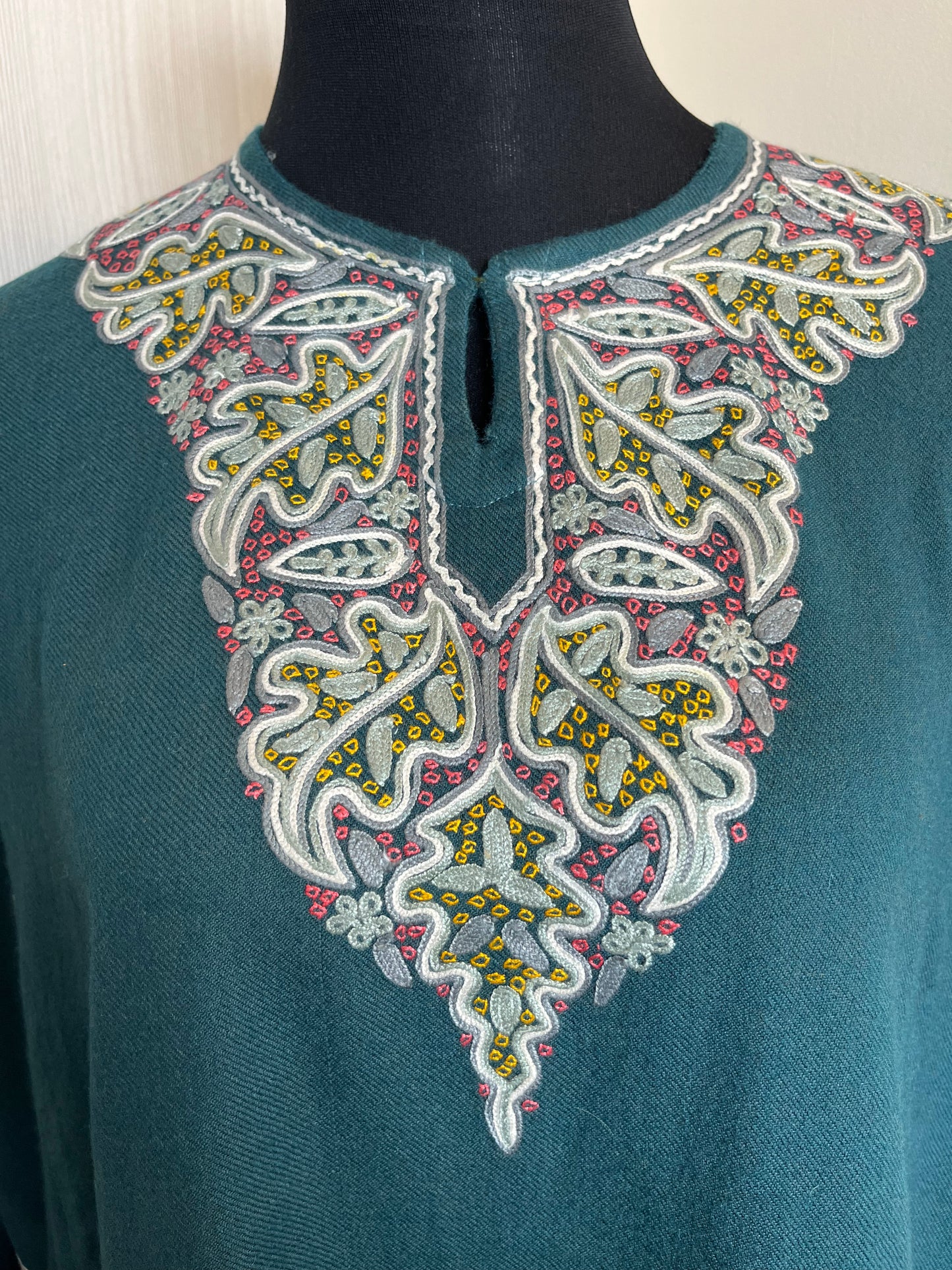 English Blue Aari and Sozni Hand Embroidered Pure Wool Pheran