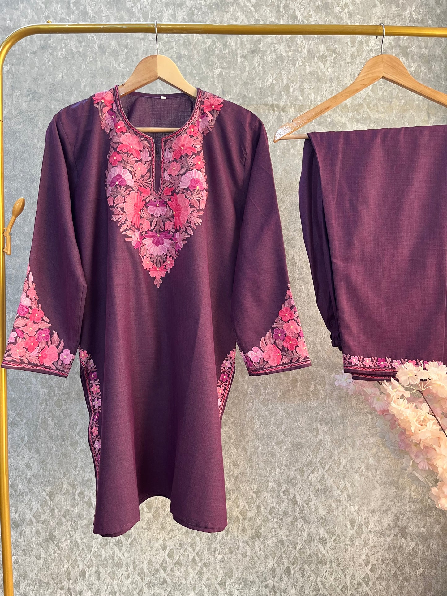 Wine Cotton Stitched Co-ord Set