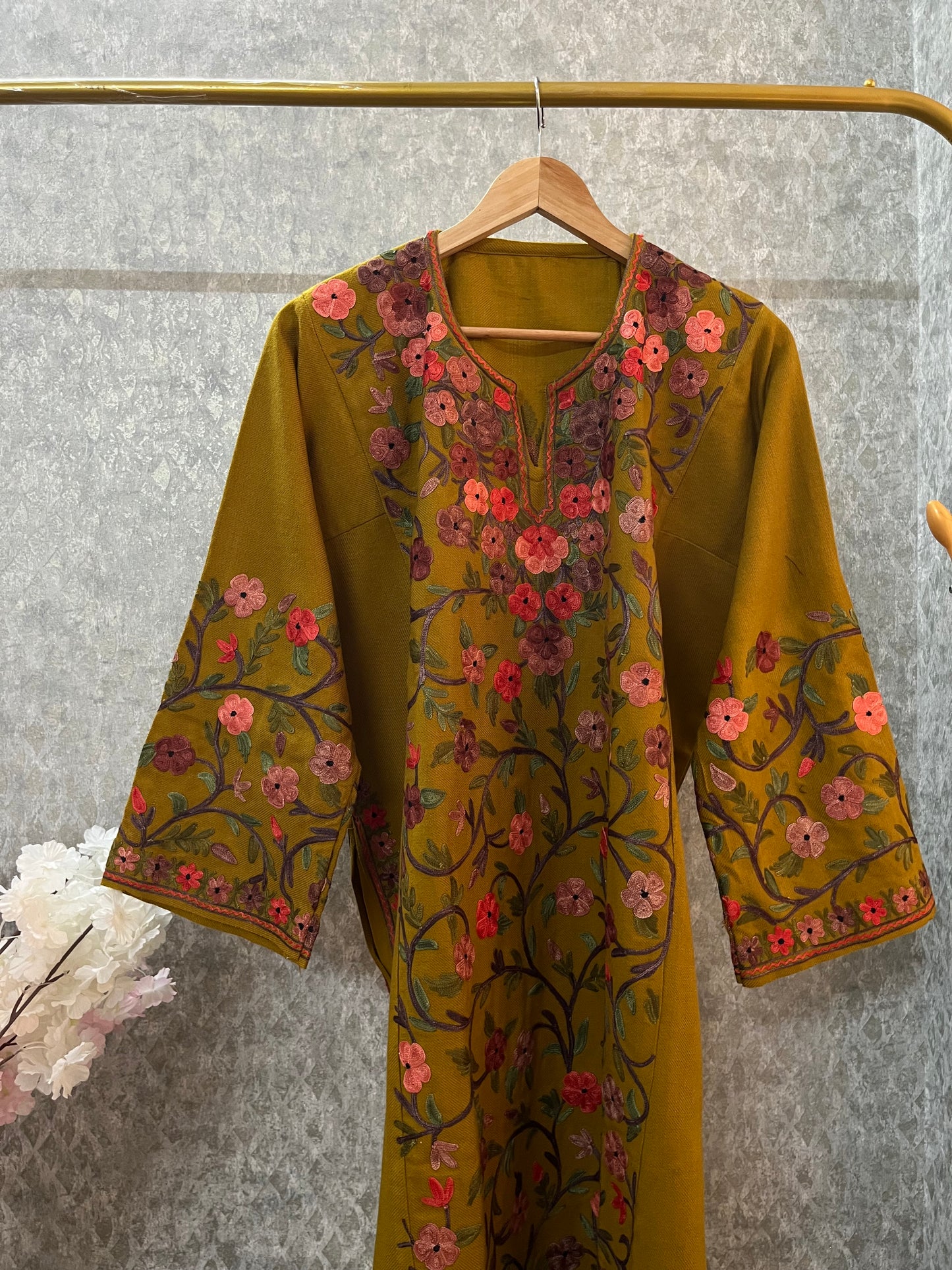 Mustard Gold Aari Embroidered Wool Pheran