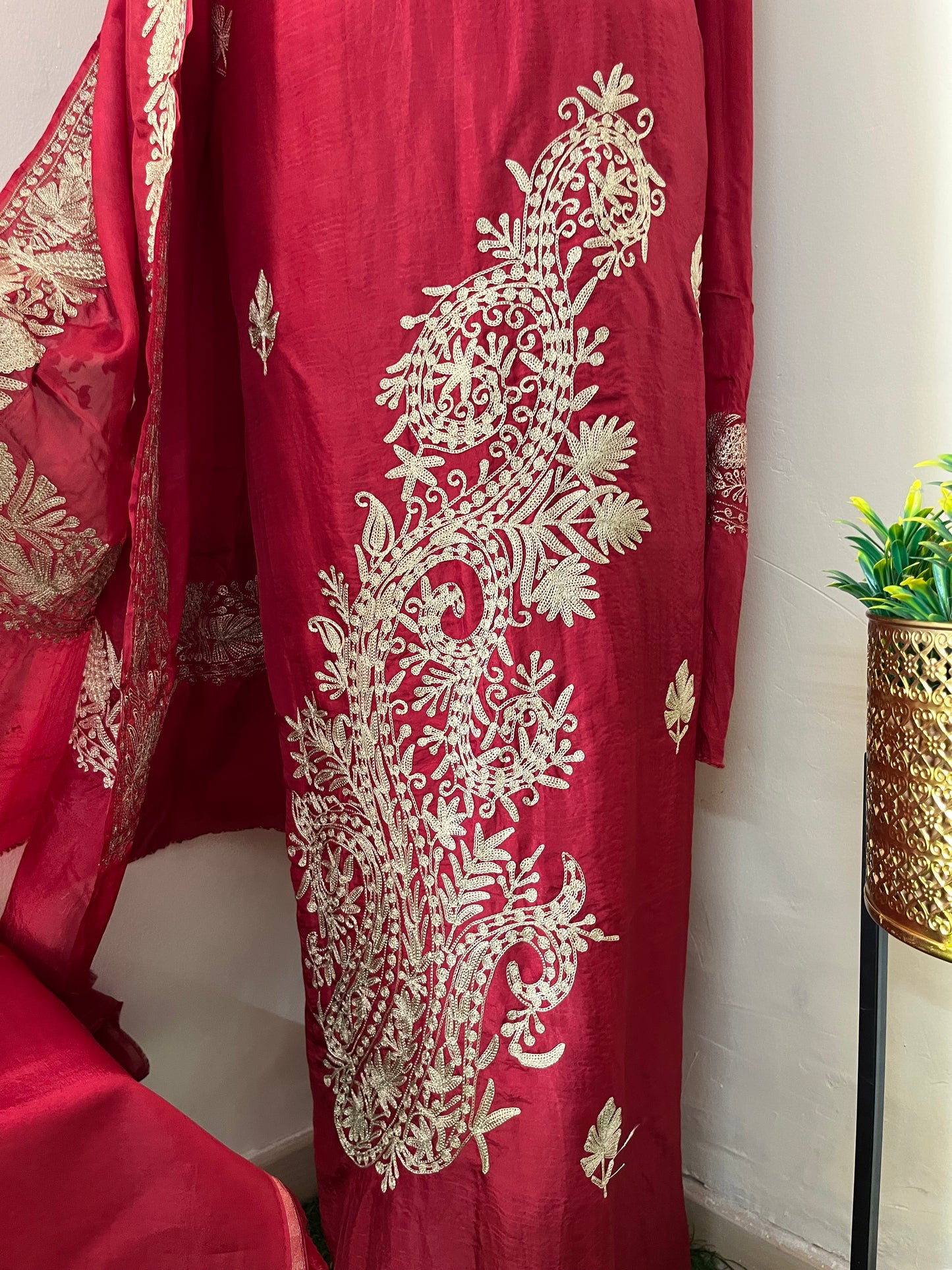 Maroon Silk Tilla Embroidered Suit material