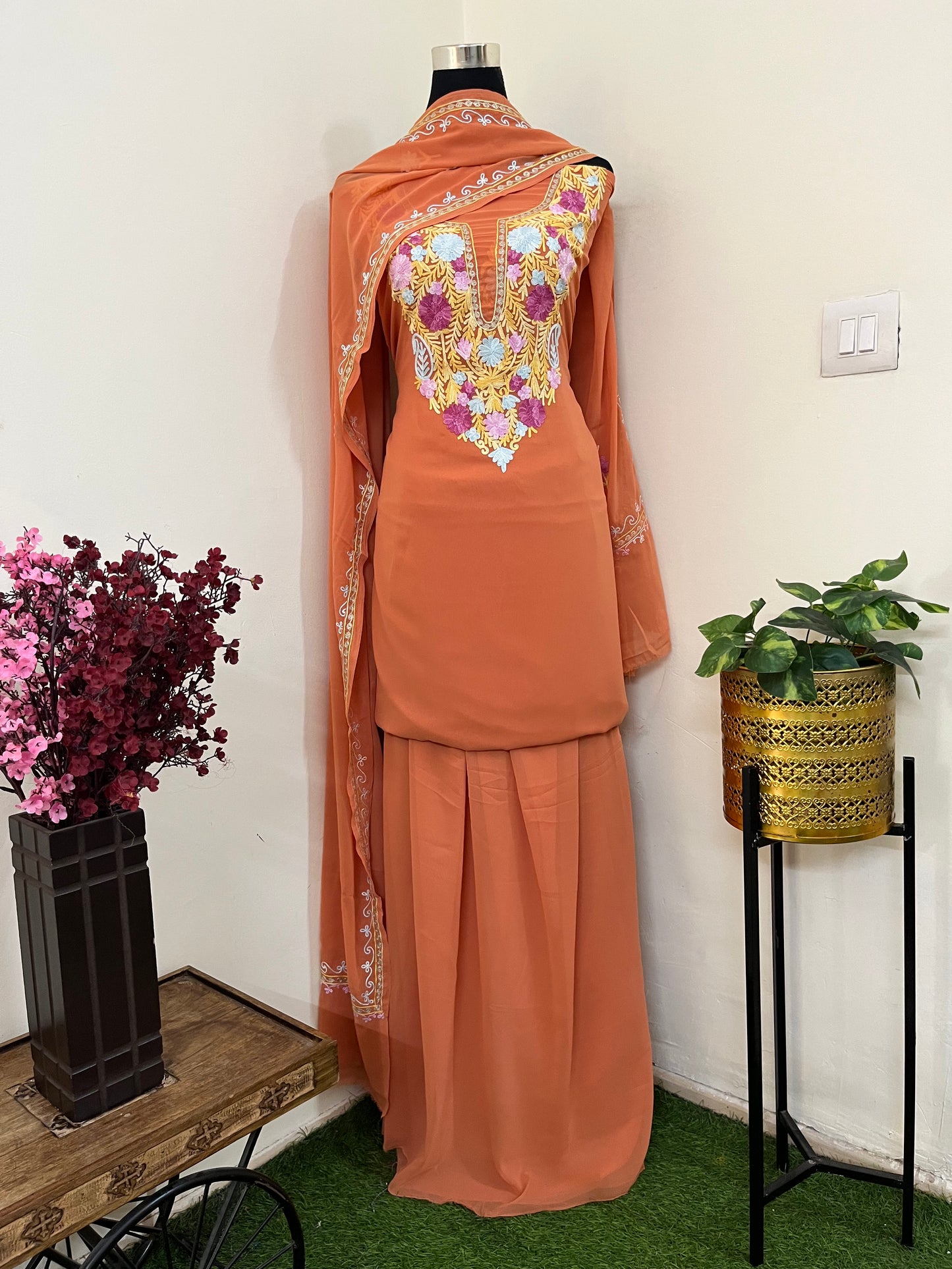 Soft Orange Georgette 3 Pc Aari Embroidered Suit Set