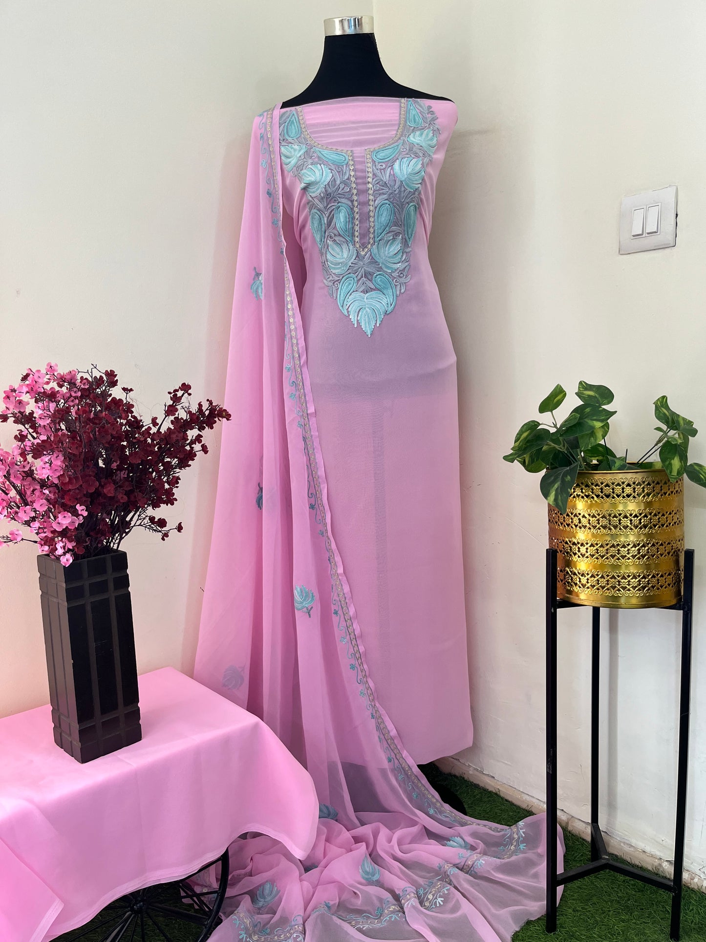 Soft Pink Georgette 3 Pc Aari Embroidered Suit Set