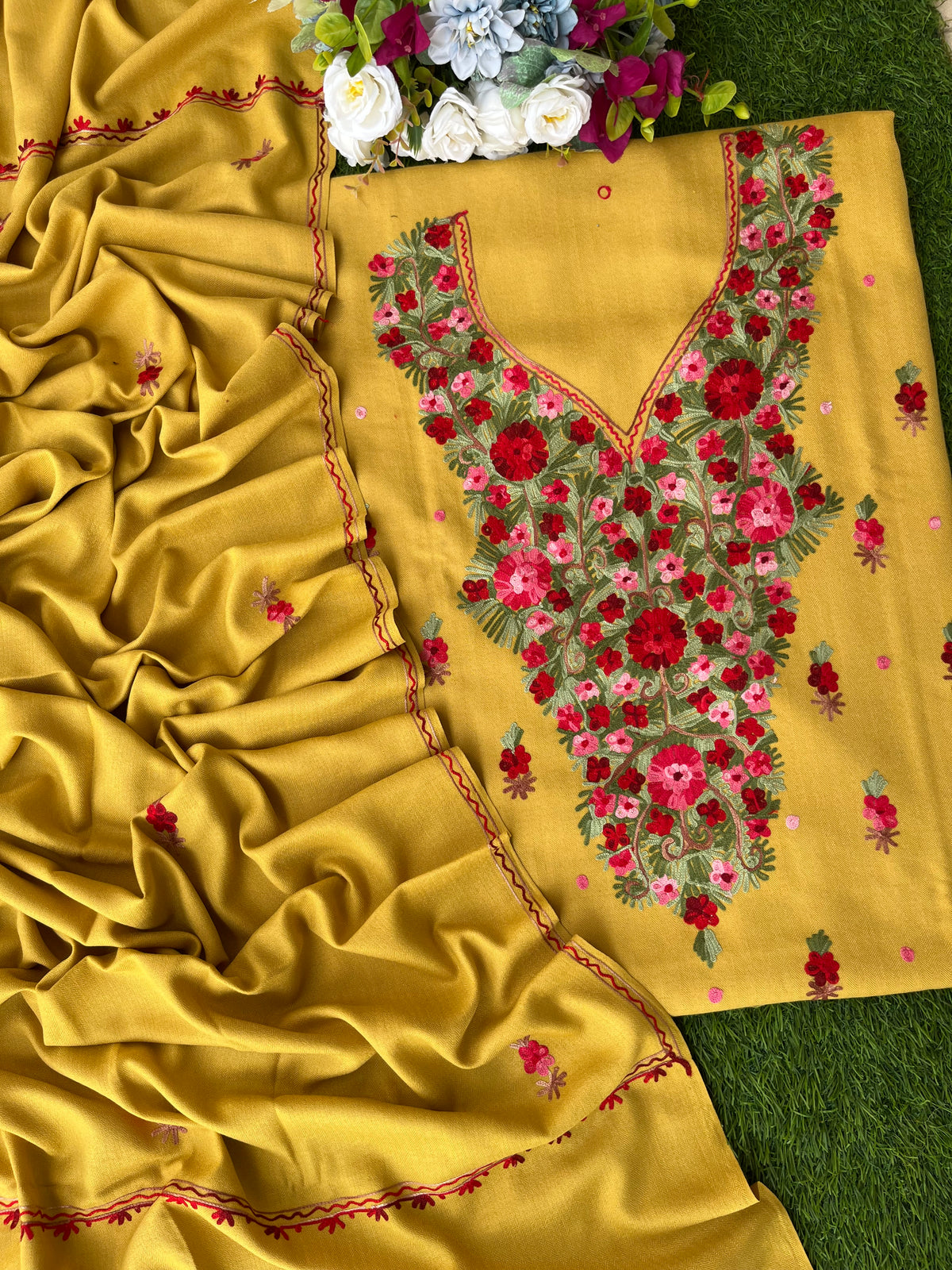 Yellow Woollen Aari Embroidered 3pc suit