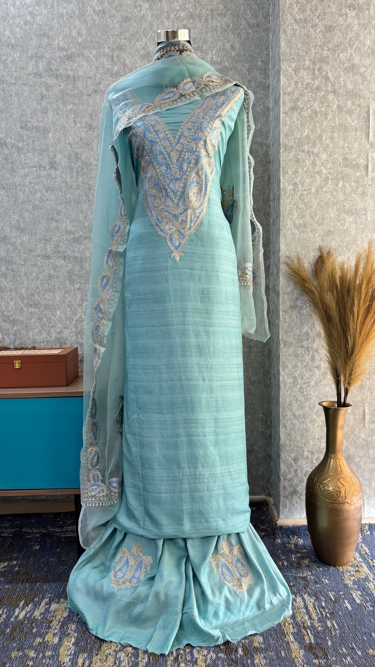 Baby Blue Russian Silk Kashmiri Suit