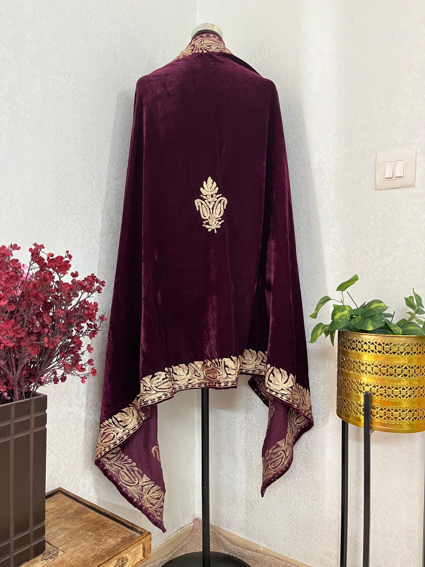 Wine Tilla Embroidered Velvet Cape
