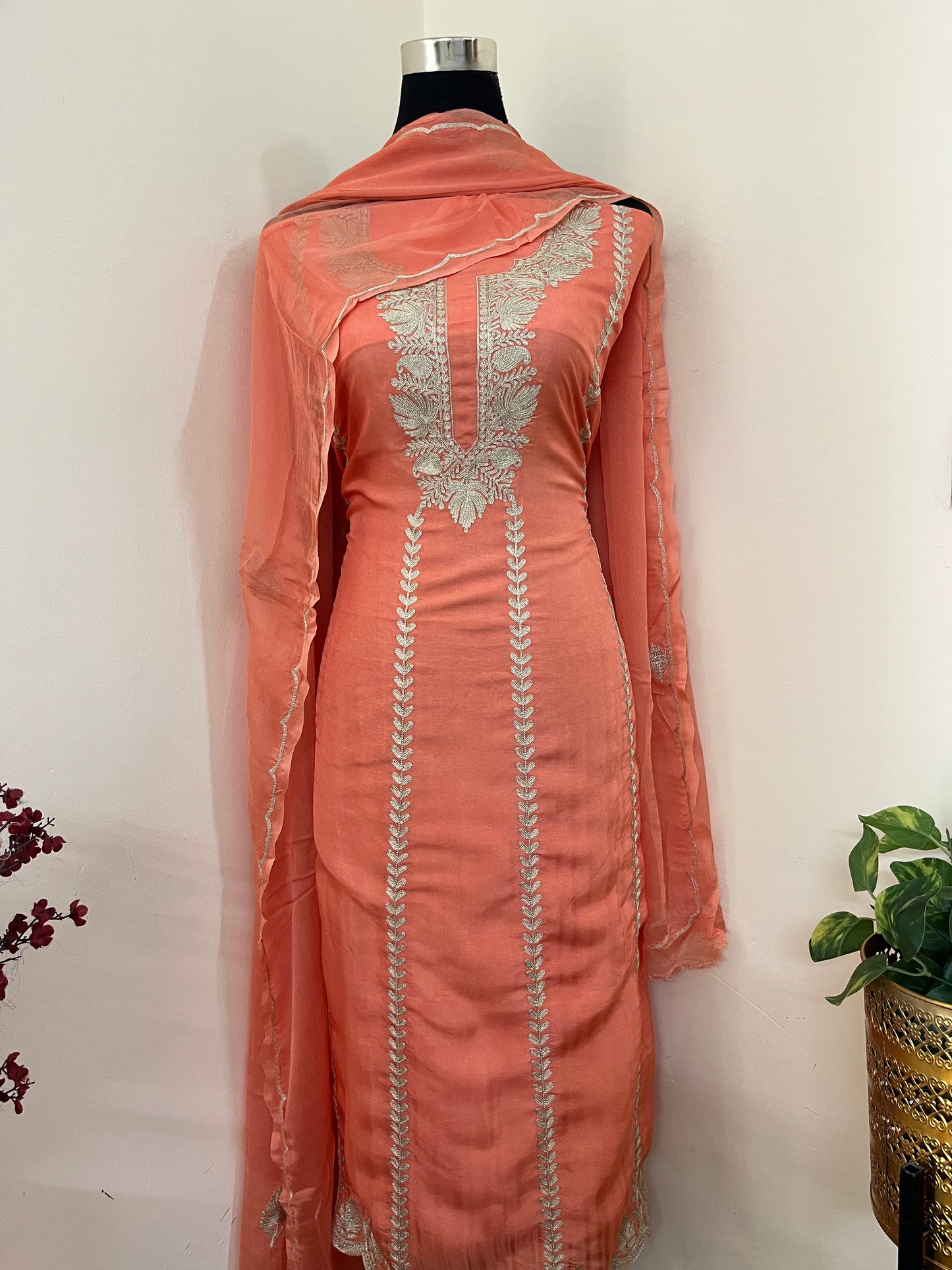 Sanam’ Peach Silk Tilla Embroidered Suit material